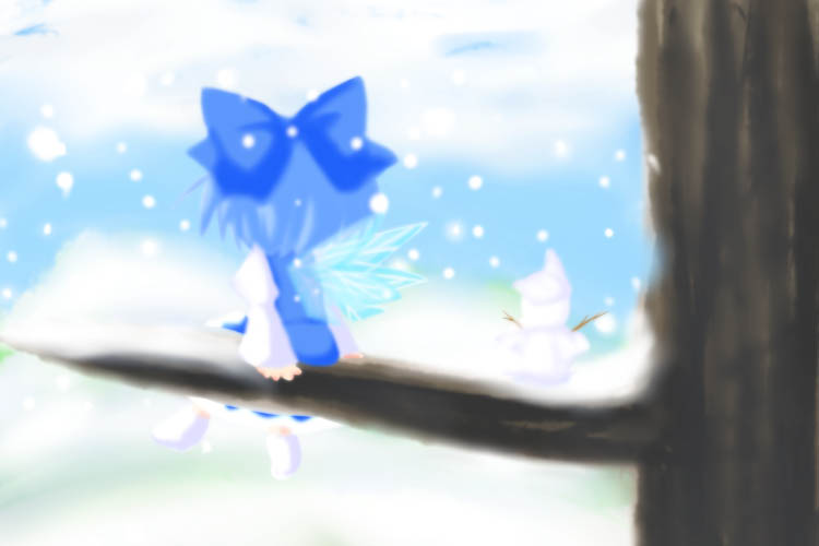 r pascal, cirno, perfect cherry blossom, touhou, 1girl, bow, chibi, female focus, in tree, sitting, sitting in tree, snow, solo, tree