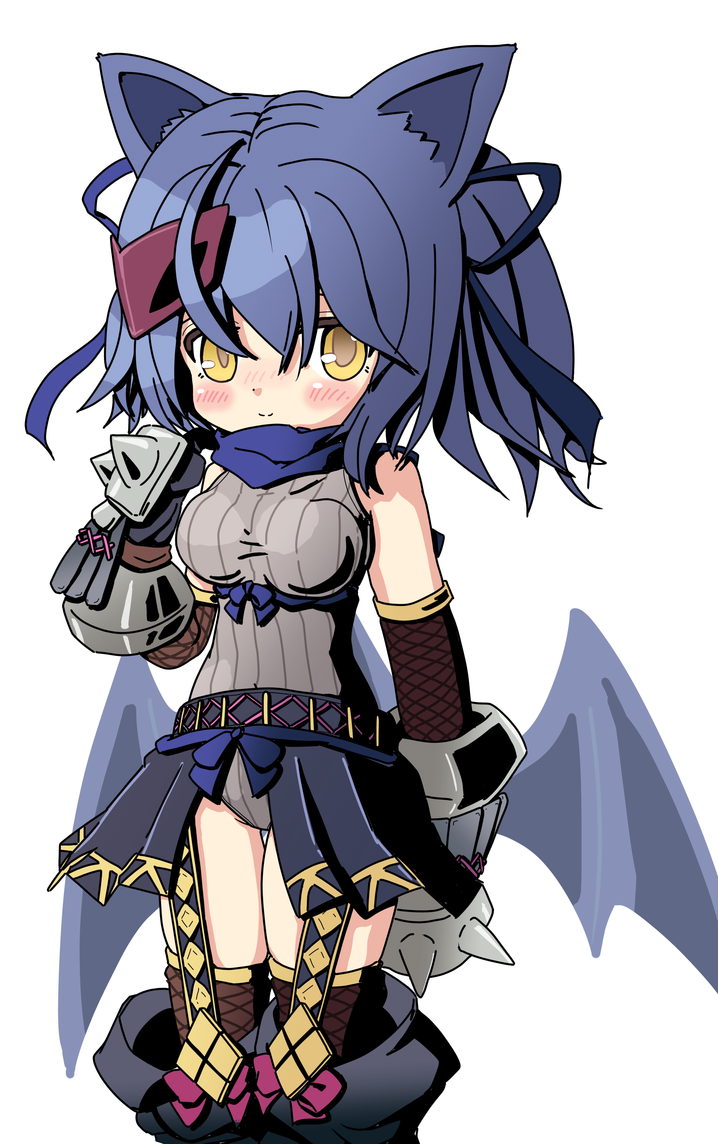 emil chronicle online, absurdres, highres, 1girl, animal ears, armored gloves, bare shoulders, bat ears, bat girl, bat wings, belt, black boots, blue belt, blue bow, blue eyes, blue scarf, blue skirt, blue wings, boots, bow, brass knuckles, breasts, delucky alma, fishnet gloves, fishnet thighhighs, fishnets, frolyflow2, gloves, grey leotard, hair bow, large breasts, leotard, light smile, mask, mask on head, scarf, showgirl skirt, skirt, solo, striped clothes, thighhighs, two side up, weapon, white background, wings, yellow eyes
