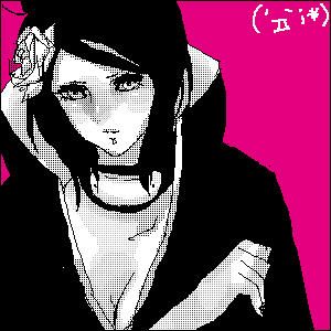 oioi030, konan (naruto), naruto (series), naruto shippuuden, lowres, 1girl, breasts, cleavage, face piercing, female focus, flower, labret piercing, lip piercing, monochrome, oekaki, piercing, pink background, purple theme, simple background, solo