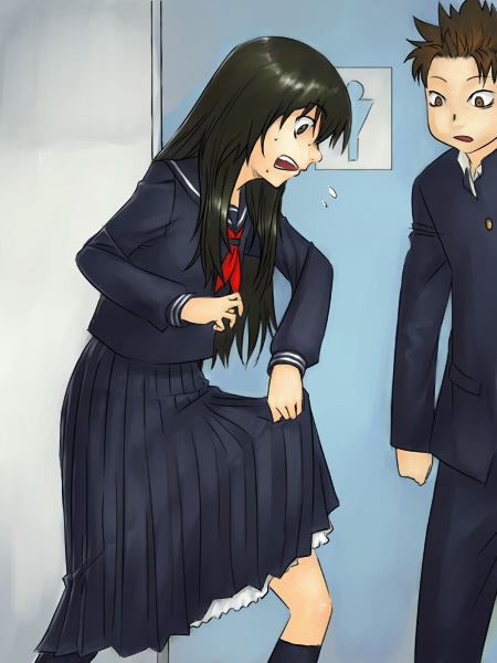 kamadouma, mashiro yuu, gender request, 1boy, 1girl, black hair, genderswap, long hair, school uniform, serafuku, skirt hold