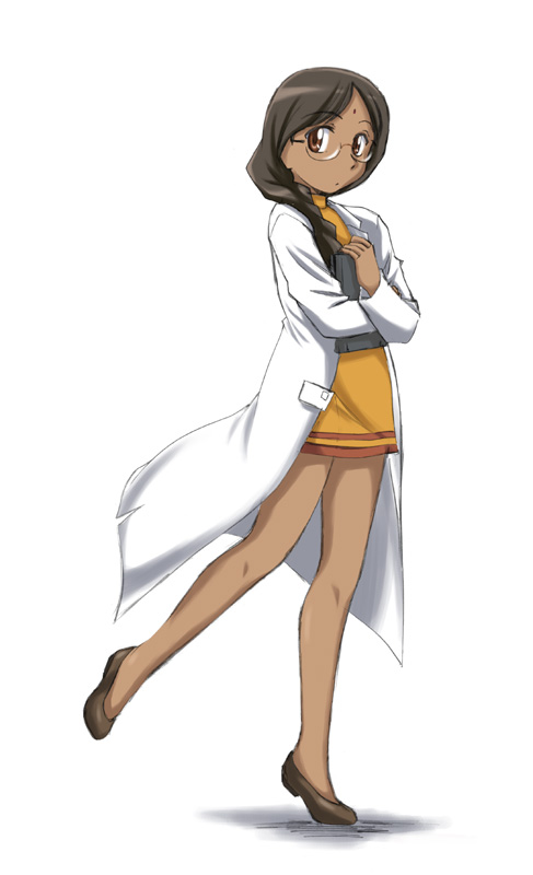 mina kandaswami, darker than black, 00s, 1girl, book, braid, brown hair, dark-skinned female, dark skin, dress, female focus, full body, glasses, lab coat, scientist, simple background, solo, turtleneck, turtleneck dress