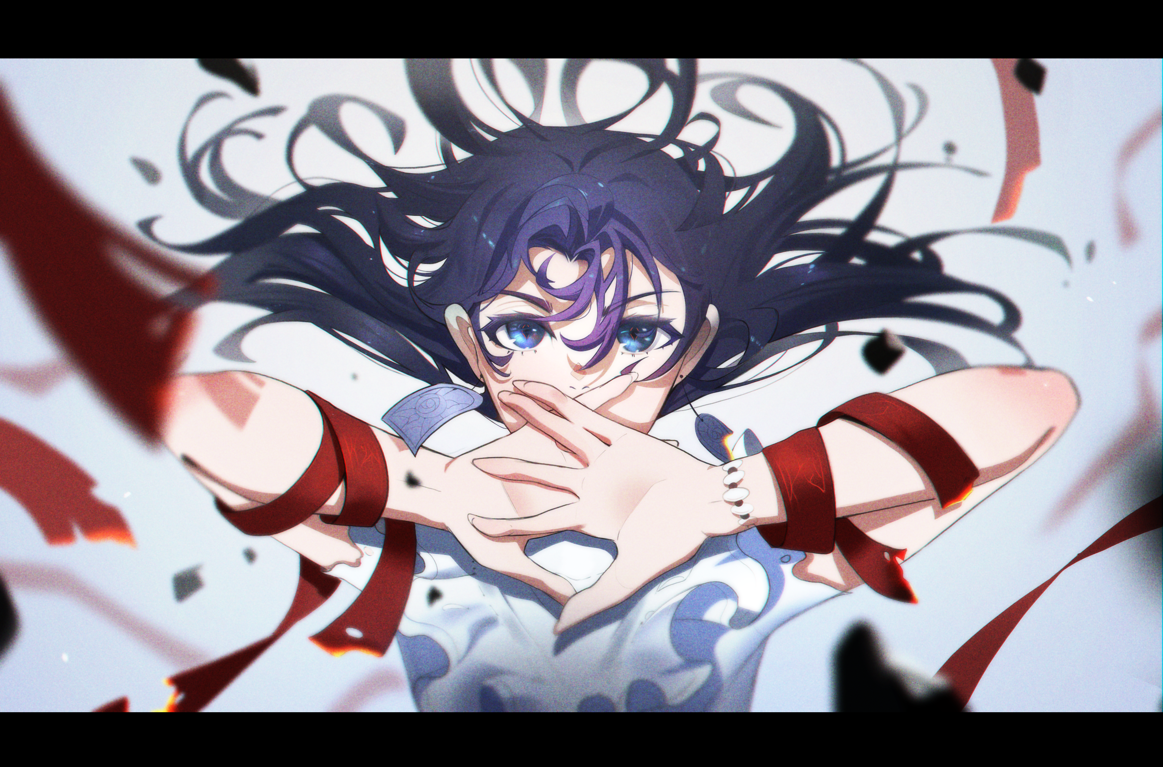 oria, original, absurdres, highres, 1girl, blurry, blurry background, blurry foreground, bracelet, covering own mouth, earrings, film grain, fingernails, floating hair, frilled shirt, frills, hair between eyes, jewelry, long hair, looking at viewer, nose, portrait, purple eyes, purple hair, red ribbon, ribbon, shirt, short sleeves, simple background, solo, white background, white shirt