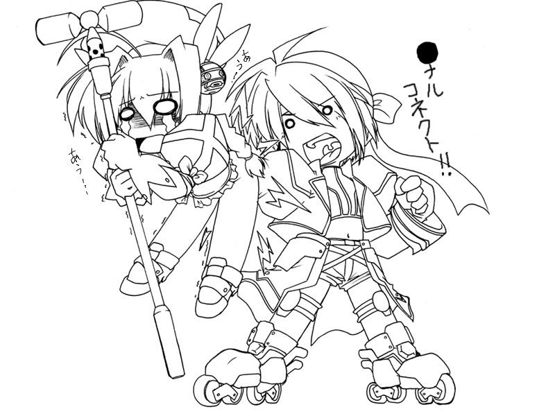 45acp, graf eisen, mach caliber, subaru nakajima, vita (nanoha), lyrical nanoha, mahou shoujo lyrical nanoha, mahou shoujo lyrical nanoha strikers, yuusha ou gaogaigar, yuusha series, translated, 2girls, anal, anal fisting, blush, crying, fisting, greyscale, lineart, monochrome, multiple girls, open mouth, pain, parody, simple background, tears, white background, yuri