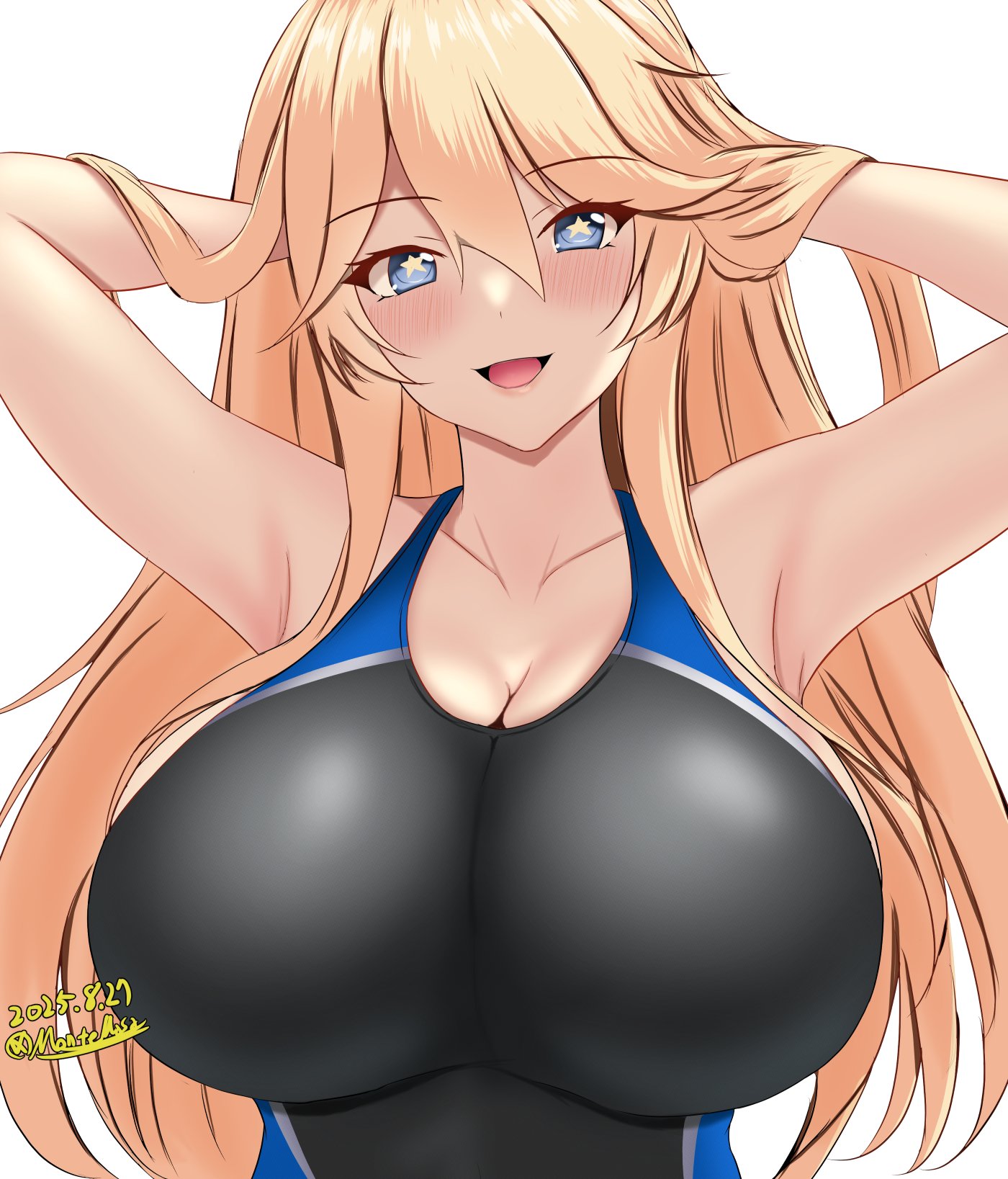 montemasa, iowa (kancolle), kantai collection, highres, 1girl, black one-piece swimsuit, blonde hair, blue eyes, blue one-piece swimsuit, breasts, competition swimsuit, covered navel, dated, huge breasts, impossible clothes, impossible swimsuit, large breasts, long hair, looking at viewer, one-hour drawing challenge, one-piece swimsuit, open mouth, smile, solo, star-shaped pupils, star (symbol), swimsuit, symbol-shaped pupils, twitter username, two-tone swimsuit, upper body