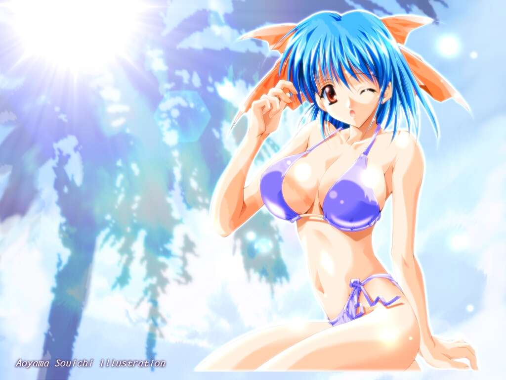 asuka keisuke, patti (lunar wing), lunar wing, bikini, blue hair, breasts, highleg, highleg bikini, huge breasts, large breasts, one eye closed, orange eyes, purple bikini, short hair, side-tie bikini bottom, solo, swimsuit, wink