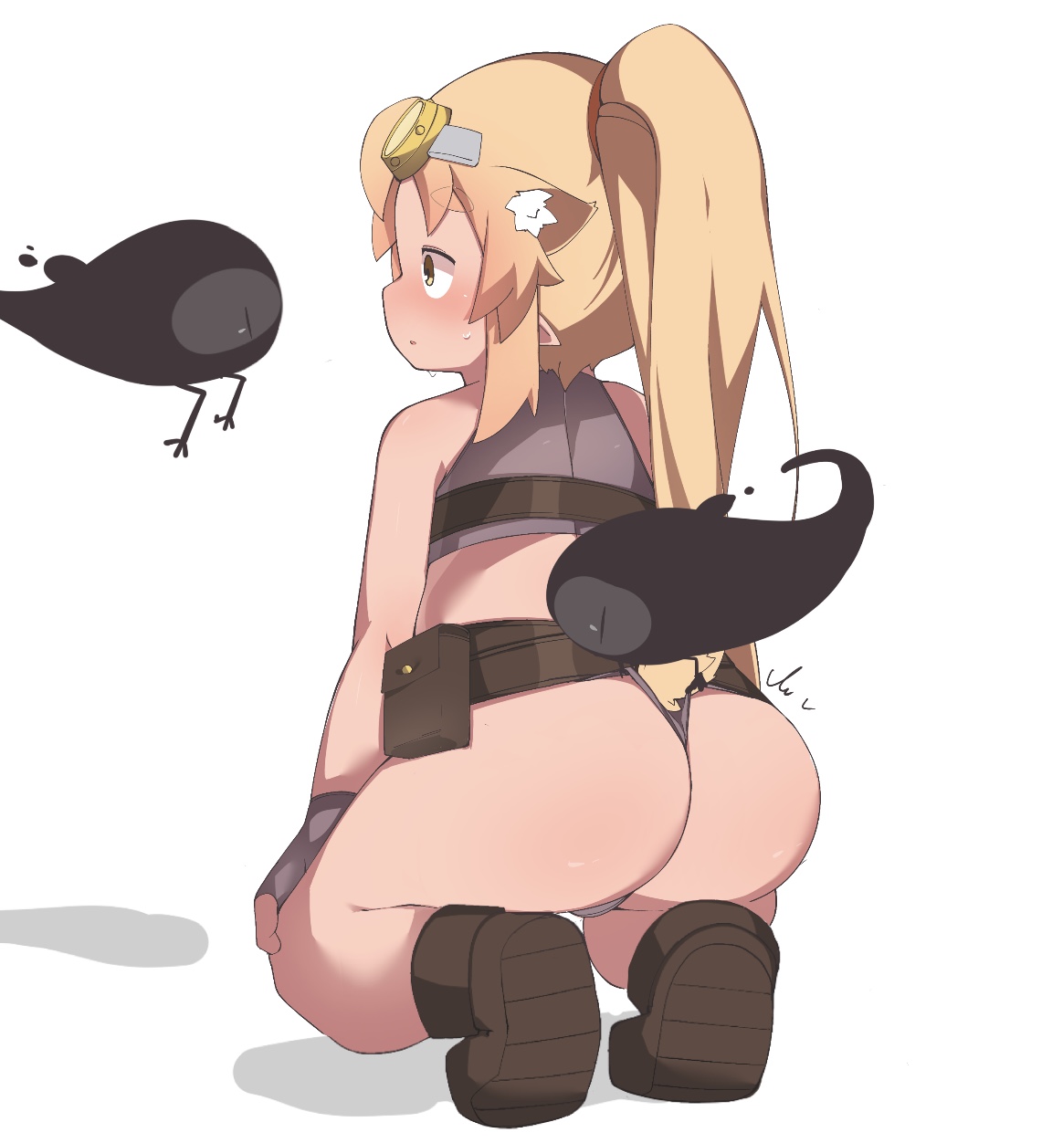 lyanon, original, highres, 1girl, animal ear fluff, animal ears, ass, belt, creature, goggles, goggles on head, kneeling, long hair, orange hair, ponytail, simple background, tail, wedgie, white background, yellow eyes