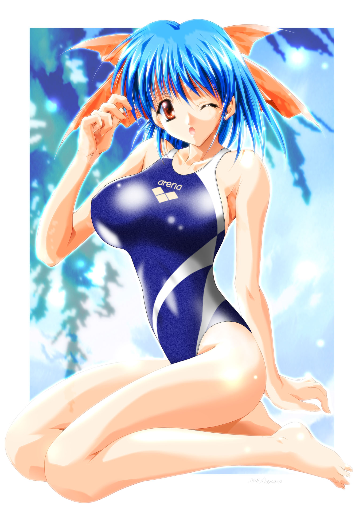 asuka keisuke, patti (lunar wing), lunar wing, highres, blue hair, breasts, competition swimsuit, huge breasts, large breasts, one-piece swimsuit, solo, swimsuit