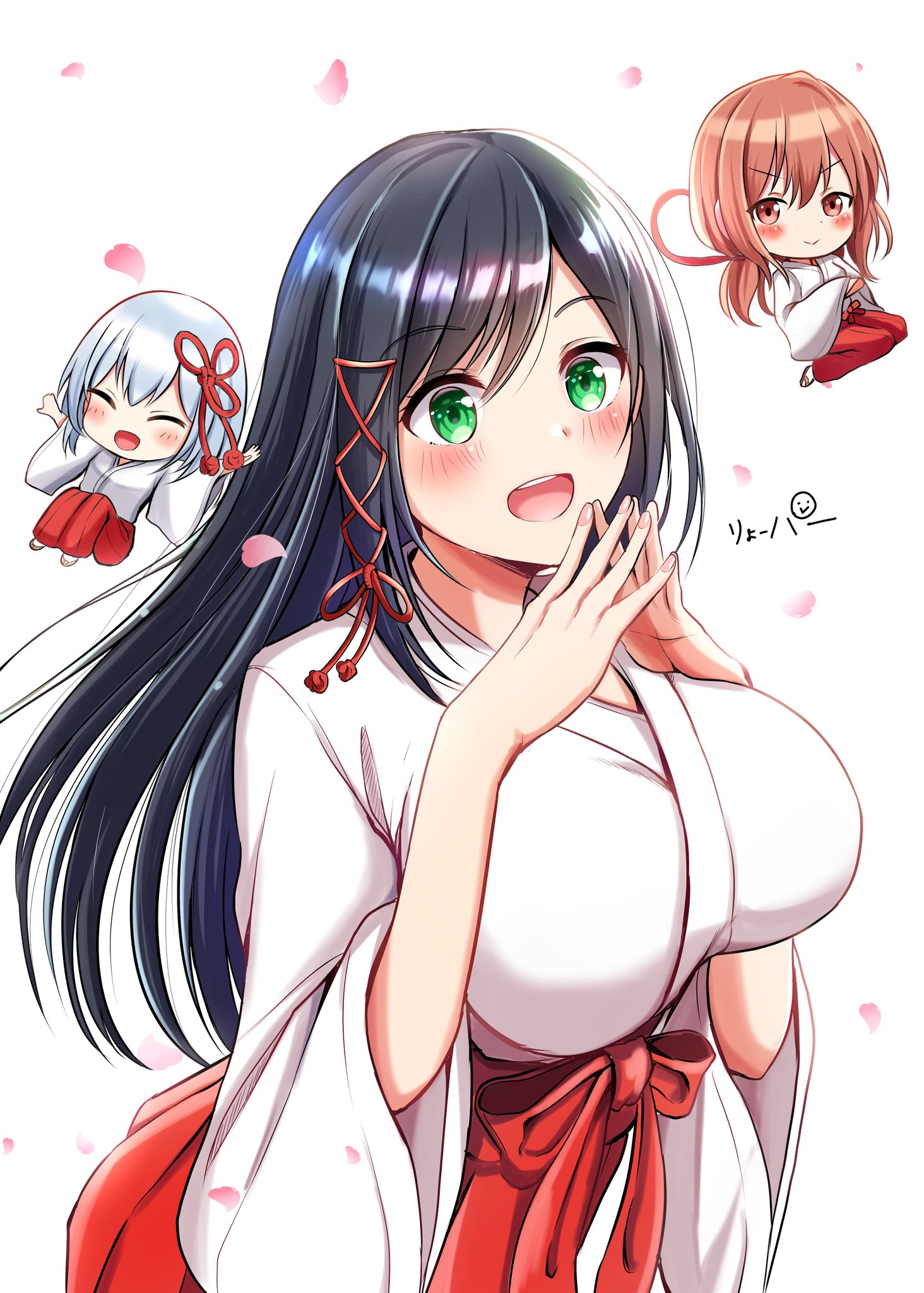 ryopa, amagami asahi, amagami yae, amagami yuna, amagami-san chi no enmusubi, commentary request, highres, 3girls, black hair, blue hair, blush, breasts, brown eyes, brown hair, chibi, closed eyes, green eyes, hair ornament, japanese clothes, large breasts, long hair, miko, multiple girls, open mouth, siblings, sisters