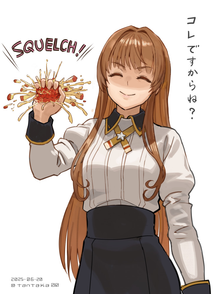 tantaka, helena (kancolle), helena kai (kancolle), kantai collection, translation request, 1girl, apple, black skirt, breasts, brown hair, closed eyes, food, fruit, holding, holding food, holding fruit, long hair, long sleeves, looking at viewer, medium breasts, skirt, smile, solo, very long hair