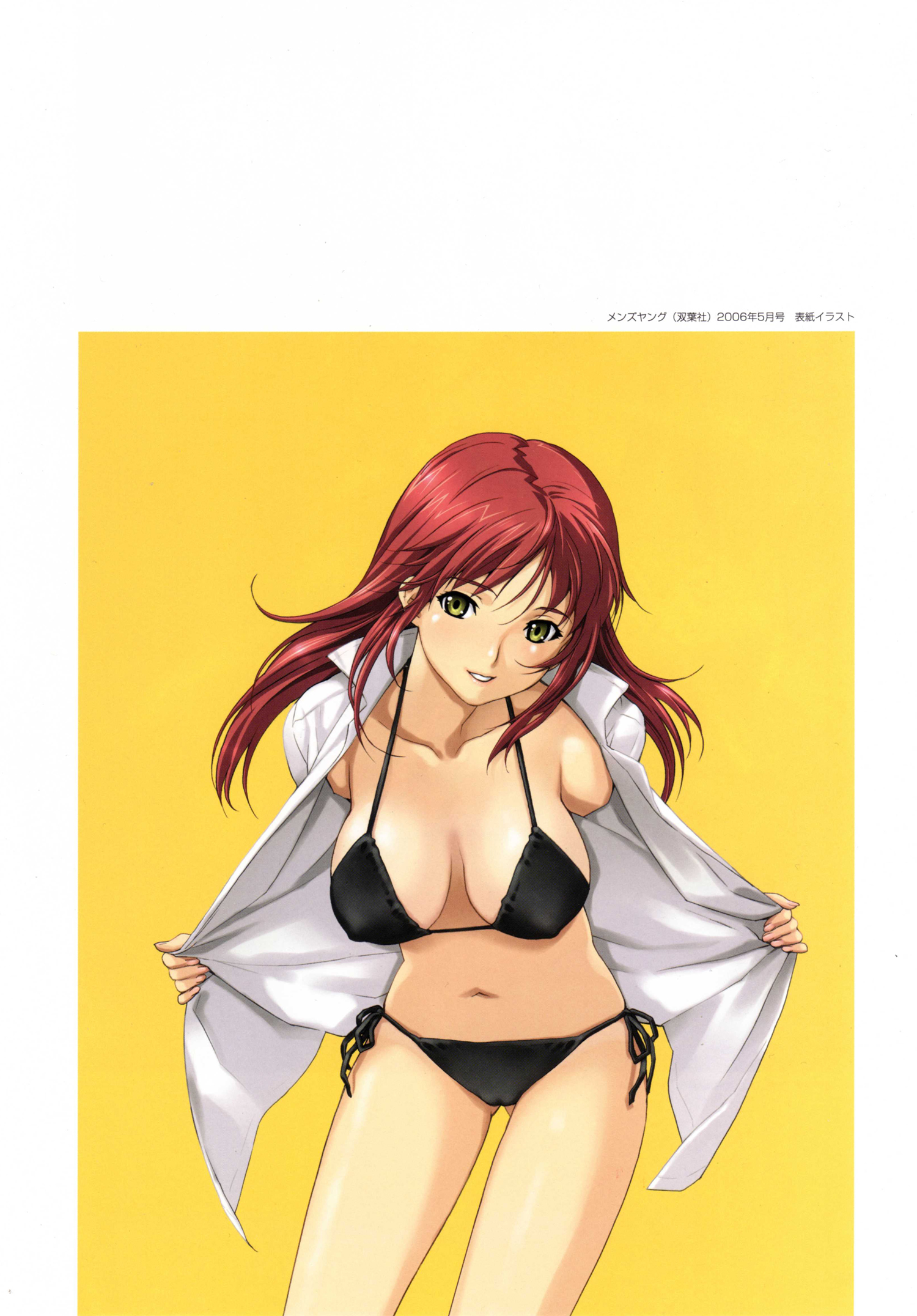 happoubi jin, sweet body, highres, scan, 1girl, bikini, black bikini, breasts, cameltoe, covered erect nipples, cowboy shot, dated, female focus, green eyes, large breasts, long hair, navel, open clothes, open shirt, parted lips, red hair, shirt, side-tie bikini bottom, smile, solo, swimsuit, yellow background