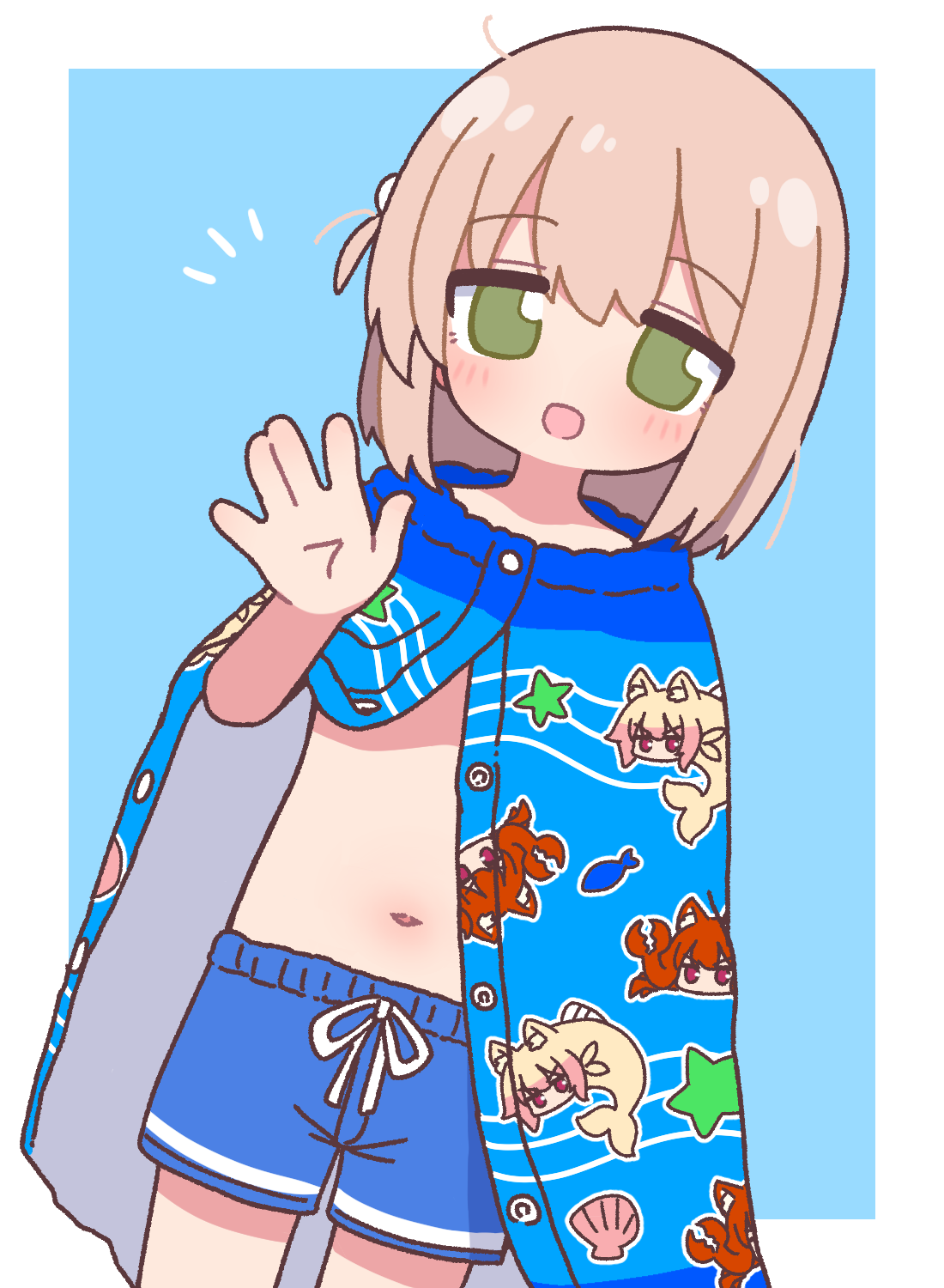 naga u, kemomimi-chan (naga u), original, commentary request, highres, revision, 1boy, :d, ||/, animal print, blue background, blue male swimwear, blue shorts, blush, border, brown hair, character print, cowboy shot, drawstring, fish print, green eyes, hand up, looking at viewer, male focus, male swimwear, medium hair, navel, notice lines, open mouth, outside border, shorts, simple background, smile, solo, suama-kun (naga u), swim trunks, trap, white border, wrap towel