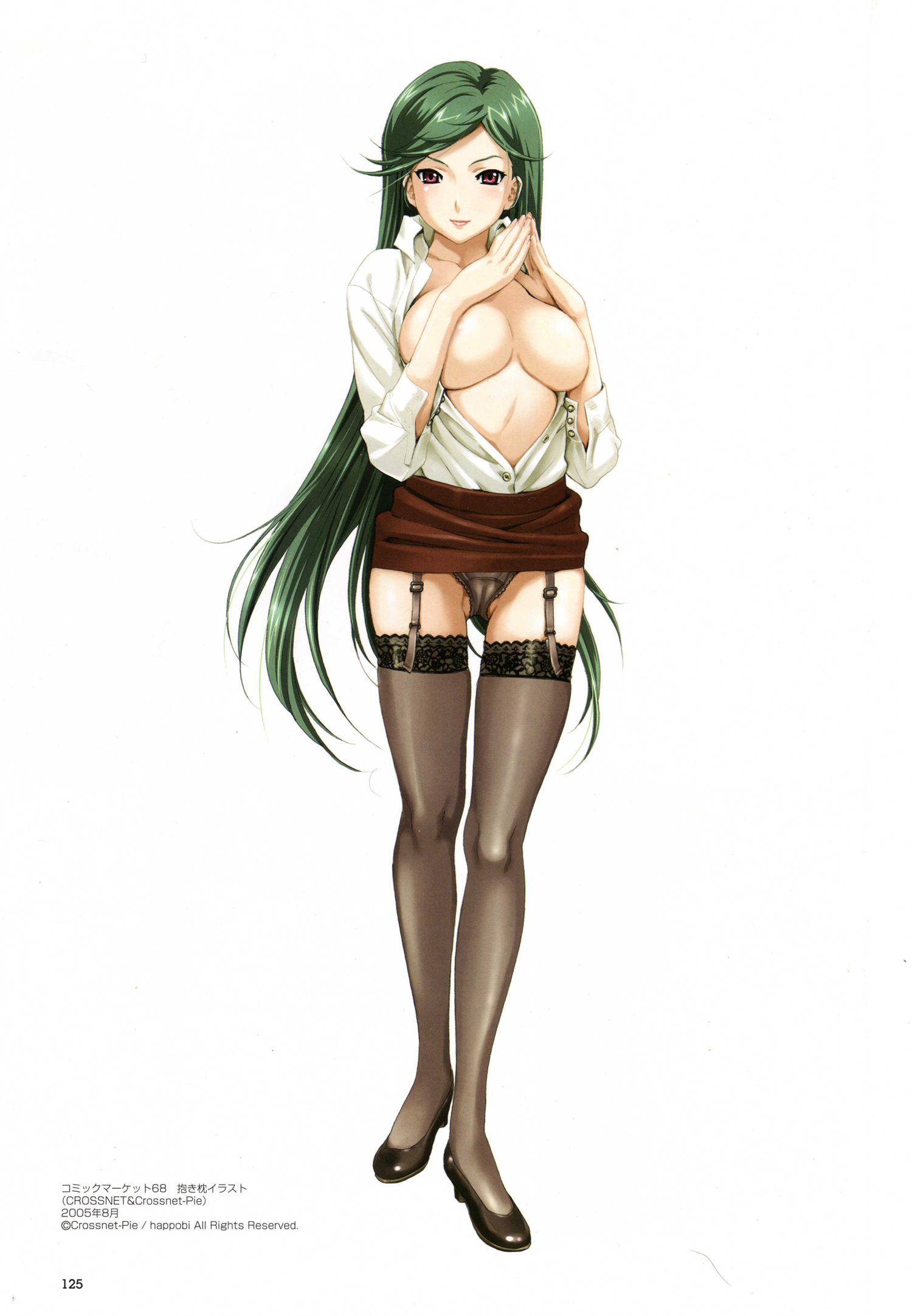 happoubi jin, sweet body, highres, scan, 1girl, black thighhighs, blouse, breasts, female focus, green hair, large breasts, long hair, open clothes, open shirt, panties, pencil skirt, shirt, skirt, solo, thighhighs, underwear, white shirt