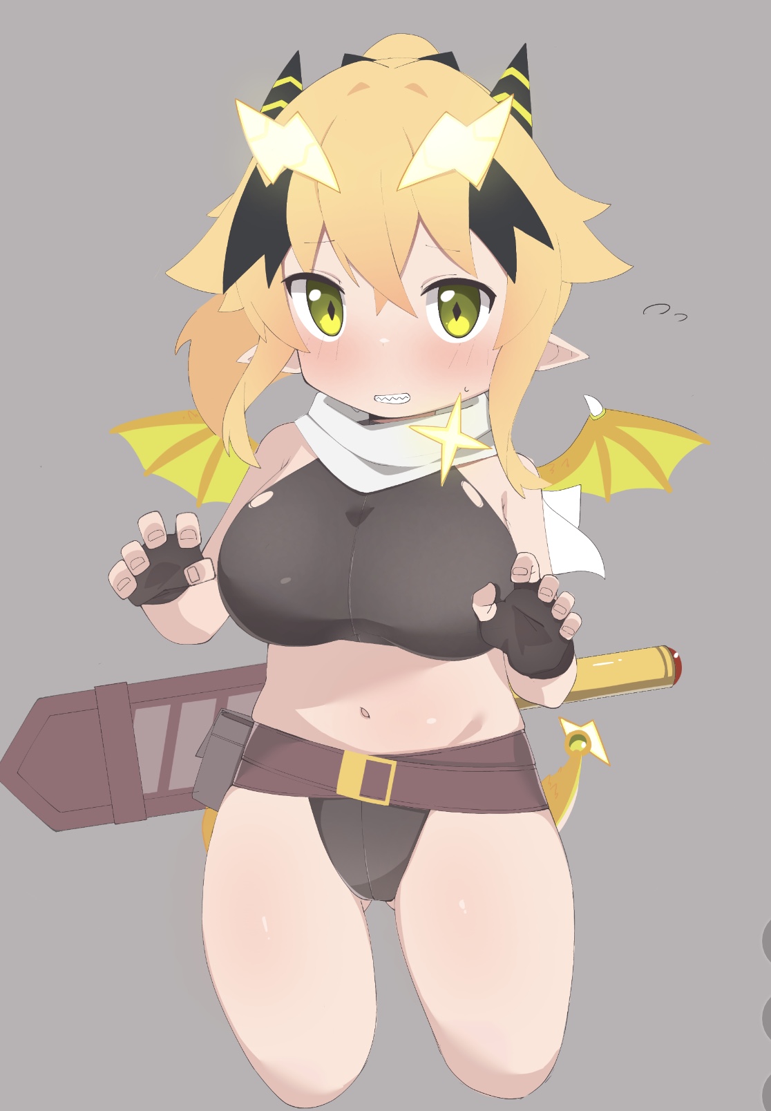 lyanon, san-chan, raisei no ryu tsukai, highres, 1girl, belt, black gloves, blonde hair, borrowed character, breasts, chibi, deformed, dragon girl, dragon horns, dragon tail, dragon wings, fingerless gloves, gloves, grey background, hair ornament, horns, large breasts, lightning bolt, lightning bolt hair ornament, lightning bolt symbol, navel, pointy ears, scabbard, sharp teeth, sheath, simple background, sports bra, sword, tail, teeth, weapon, wings