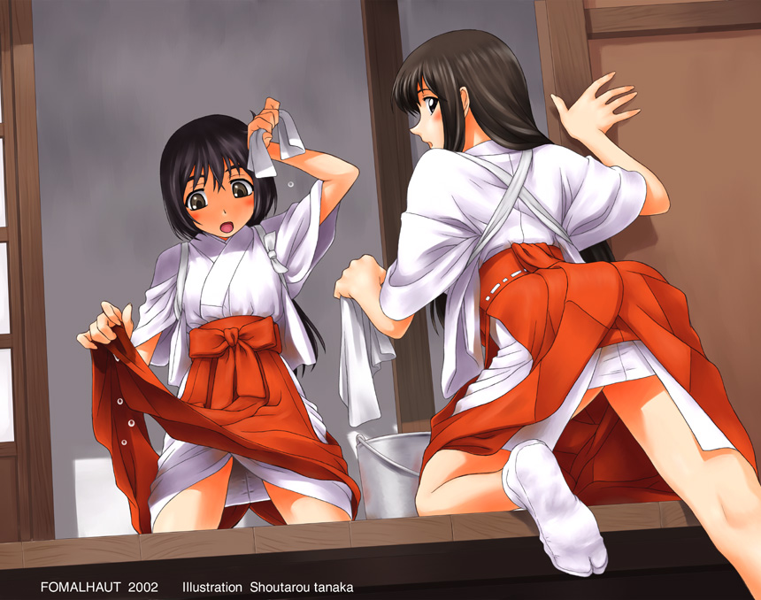 tanaka shoutarou, 2girls, blush, cleaning, clothes lift, dated, hakama, hakama lift, hakama skirt, japanese clothes, miko, multiple girls, red hakama, skirt, tabi
