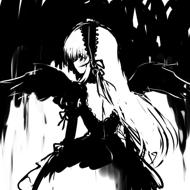 suigintou, rozen maiden, 00s, 1girl, backless dress, backless outfit, black theme, blush, cowboy shot, dress, female focus, frills, from behind, greyscale, hairband, lolita hairband, long hair, long sleeves, looking to the side, monochrome, profile, solo, upper body, very long hair, wings