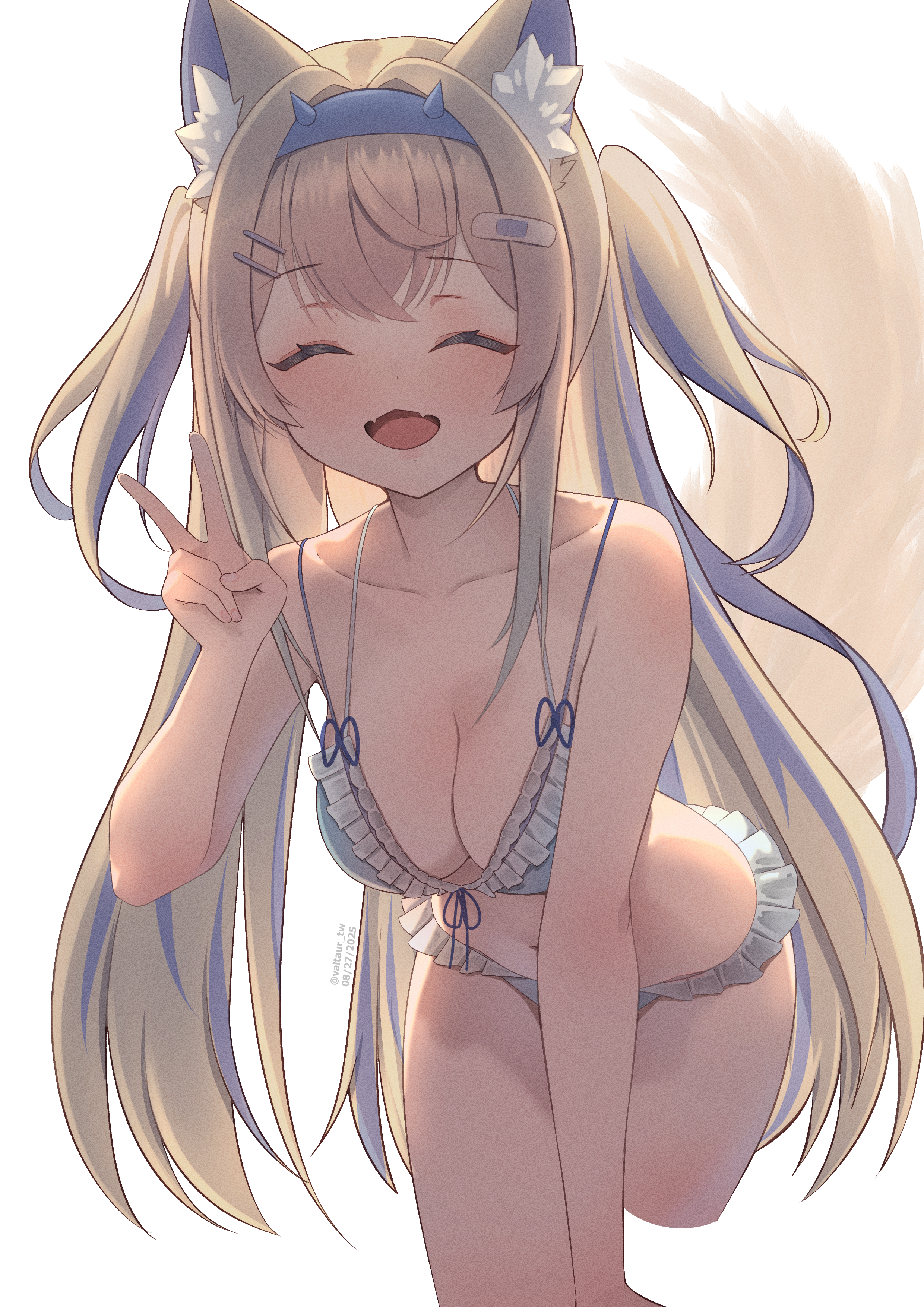 valtaur, fuwawa abyssgard, hololive, hololive english, absurdres, commentary, highres, 1girl, animal ear fluff, animal ears, bandaid, bandaid hair ornament, bikini, blonde hair, blue bikini, blue hair, blue hairband, breasts, cleavage, closed eyes, crossed bangs, dog ears, dog girl, dog tail, double-parted bangs, facing viewer, fang, frilled bikini, frills, front-tie bikini top, front-tie top, hair between eyes, hair ornament, hairband, hairclip, hand up, horn hairband, large breasts, leaning forward, long hair, looking at viewer, multi-strapped bikini top, multicolored hair, navel, open mouth, parallel hairclips, simple background, skin fang, smile, solo, streaked hair, swimsuit, tail, two side up, v, virtual youtuber, white background