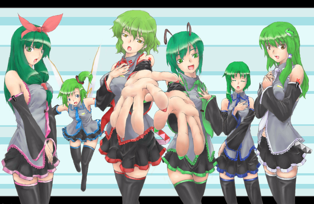 daiyousei, hatsune miku, kagiyama hina, kazami yuuka, kochiya sanae, shiki eiki, wriggle nightbug, touhou, vocaloid, 6+girls, antennae, blue eyes, color connection, cosplay, detached sleeves, fairy wings, female focus, foreshortening, front ponytail, green eyes, green hair, hair between eyes, hatsune miku (cosplay), miniskirt, multiple girls, skirt, thighhighs, wings, yellow eyes