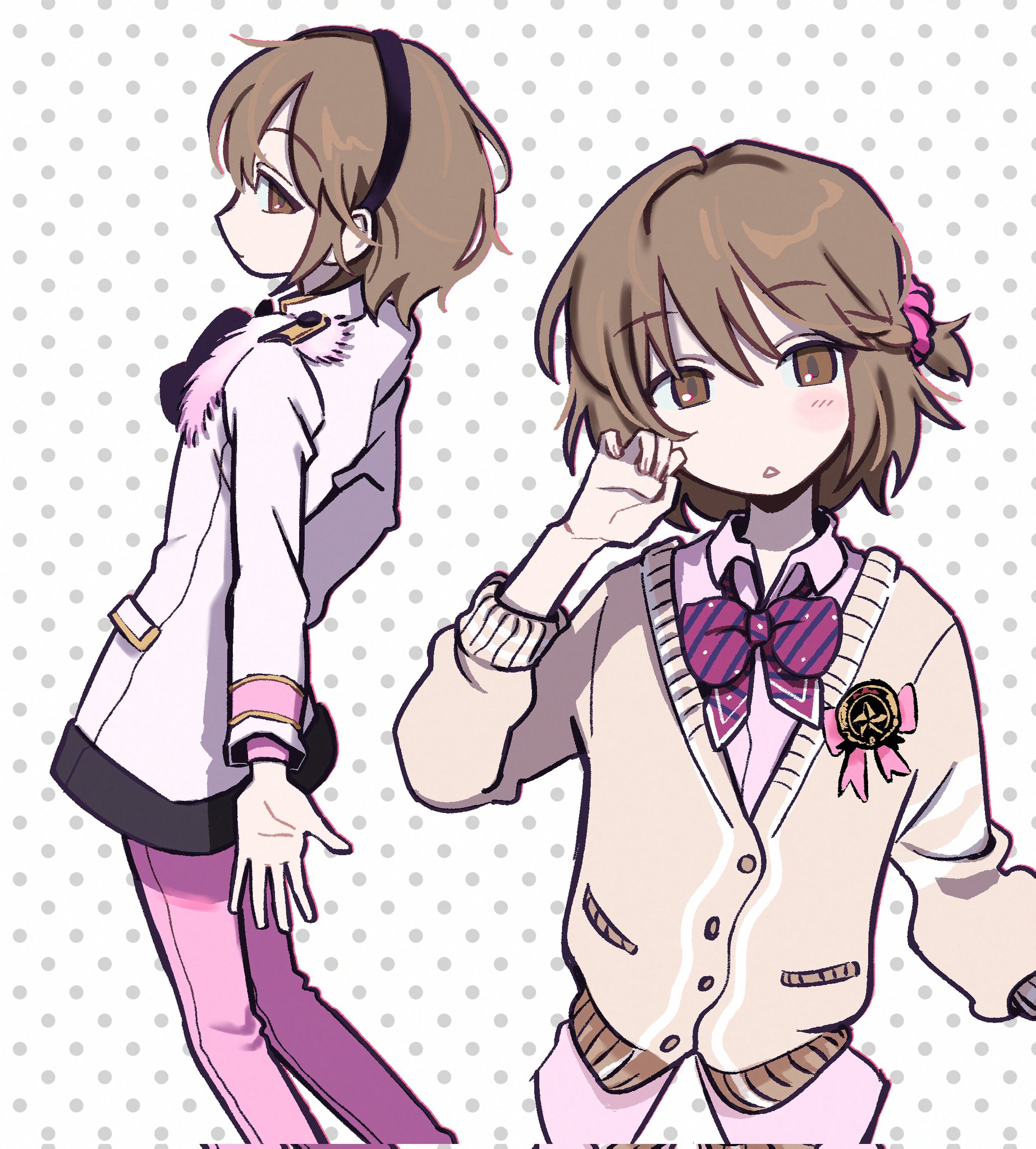 ivib, marginal #4, highres, 1boy, badge, black hair, blush, bow, braid, braided ponytail, brown cardigan, brown eyes, brown hair, cardigan, clenched hand, coat, collared shirt, dotted background, fur trim, hair between eyes, hair ornament, hair scrunchie, hairband, idol, long sleeves, loose hair strand, medium hair, nakama teruma, open mouth, outstretched hand, parted lips, pink ribbon, pink shirt, ribbon, scrunchie, shirt, shirt under sweater, simple background, single braid, solo, striped bow, striped cardigan, triangle mouth, white coat