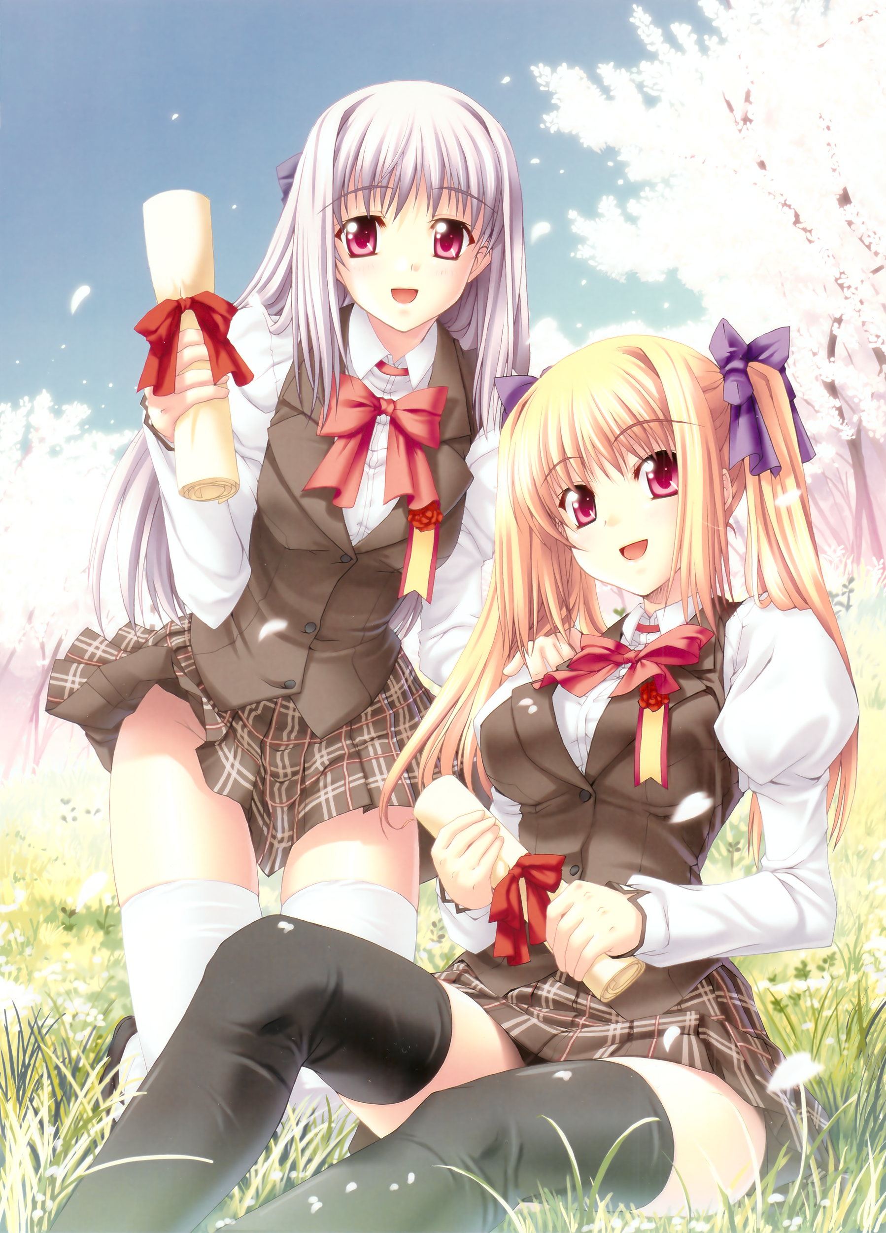kannatsuki noboru, yugiri perserte, yugiri princesca, shinkyoku soukai polyphonica, silver hair, absurdres, highres, 00s, 2girls, :d, black thighhighs, blonde hair, cherry blossoms, diploma, grass, hair ribbon, holding, holding diploma, long hair, multiple girls, no panties, open mouth, petals, plaid clothes, plaid skirt, red eyes, ribbon, school uniform, serafuku, skirt, smile, thighhighs, tree, twintails, vest, white thighhighs, zettai ryouiki