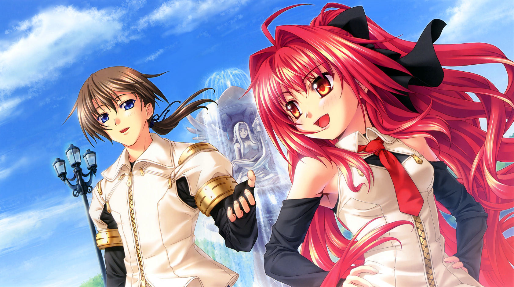 kannatsuki noboru, corticarte apa lagranges, tatara phoron, shinkyoku soukai polyphonica, highres, 00s, detached sleeves, fountain, necktie, red hair, sky