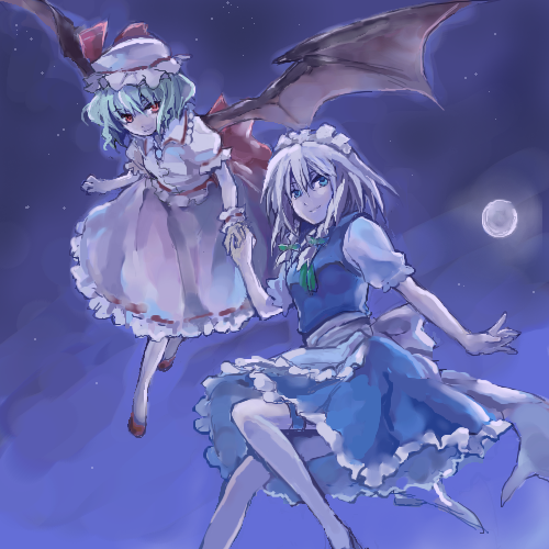 izayoi sakuya, remilia scarlet, touhou, lowres, 2girls, bat wings, braid, dress, female focus, full moon, gradient background, hat, holding hands, maid, moon, multiple girls, oekaki, outdoors, skirt, sky, twin braids, wings