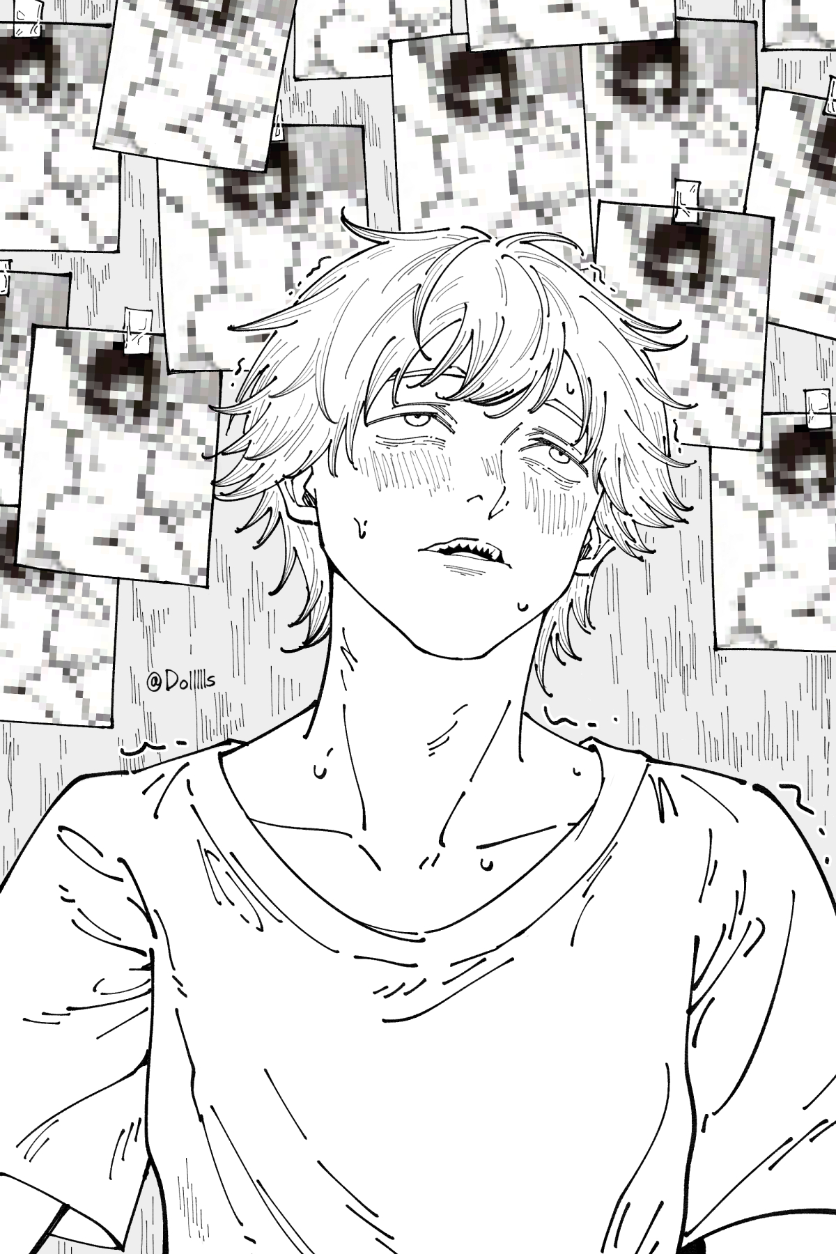 dollllls2, denji (chainsaw man), chainsaw man, chinese commentary, commentary request, highres, 1boy, artist name, blush, censored, facing viewer, greyscale, male focus, monochrome, mosaic censoring, parted lips, photo (object), rolling eyes, sharp teeth, shirt, short hair, solo, sweat, t-shirt, teeth, upper body