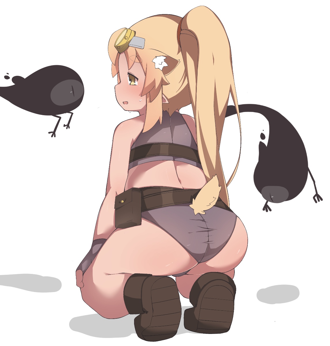 lyanon, original, highres, 1girl, animal ear fluff, animal ears, ass, belt, creature, goggles, goggles on head, kneeling, long hair, orange hair, ponytail, simple background, tail, white background, yellow eyes