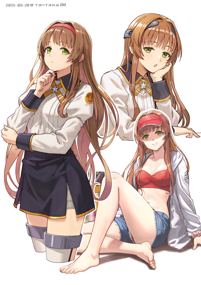 tantaka, helena (kancolle), helena (swimsuit) (kancolle), helena kai (kancolle), kantai collection, 1girl, bikini, blue shorts, breasts, brown hair, denim, denim shorts, green eyes, hairband, hood, hood down, hooded jacket, jacket, long hair, long sleeves, looking at viewer, medium breasts, navel, official alternate costume, open clothes, open jacket, red bikini, red hairband, short shorts, shorts, sitting, smile, swimsuit, very long hair, visor cap, white jacket