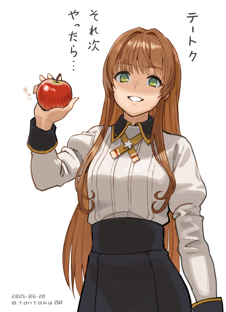 tantaka, helena (kancolle), helena kai (kancolle), kantai collection, translation request, 1girl, apple, black skirt, breasts, brown hair, food, fruit, green eyes, holding, holding food, holding fruit, long hair, long sleeves, looking at viewer, medium breasts, skirt, smile, solo, very long hair