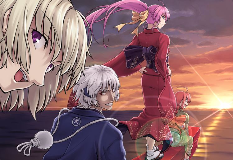 nakayama yukiji, shamal, signum, vita (nanoha), zafira, lyrical nanoha, mahou shoujo lyrical nanoha, mahou shoujo lyrical nanoha a's, 00s, 1boy, 3girls, blonde hair, japanese clothes, kimono, multiple girls, sunset