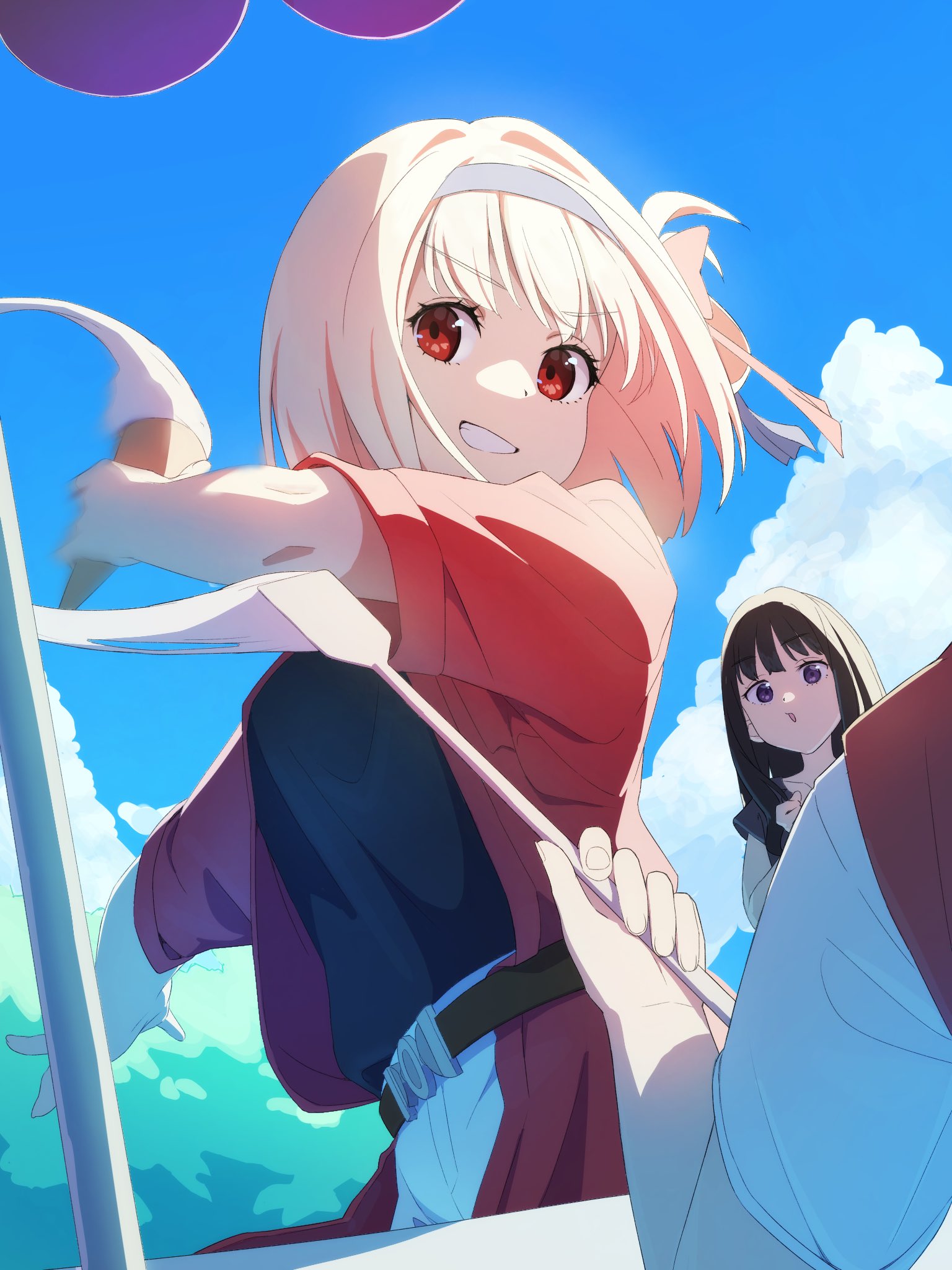 mochi (znkn4524), inoue takina, nishikigi chisato, lycoris recoil, highres, 1boy, 2girls, black hair, blonde hair, cloud, food, hair ribbon, holding, holding food, holding ice cream, ice cream, long hair, looking at viewer, multiple girls, outdoors, parasol, purple eyes, red eyes, red shirt, ribbon, shirt, smile, umbrella
