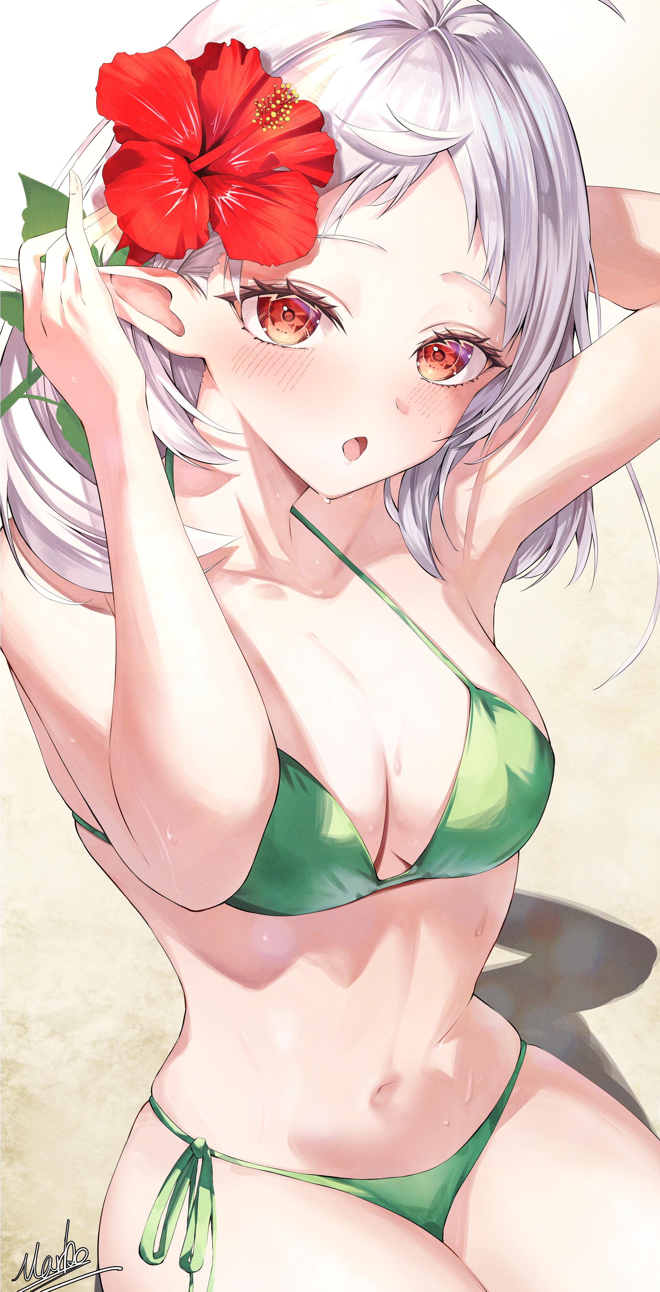 marbo (saico556), sylphiette (mushoku tensei), mushoku tensei, absurdres, commentary, highres, 1girl, :d, armpits, arms behind head, arms up, artist name, bare legs, bare shoulders, beach, bikini, blush, breasts, collarbone, elf, flower, full body, green bikini, hair flower, hair ornament, looking at viewer, medium breasts, navel, open mouth, pointy ears, presenting armpit, red eyes, red flower, sand, shadow, short hair, side-tie bikini bottom, signature, sitting, smile, solo, sweat, swimsuit, tying hair, white hair