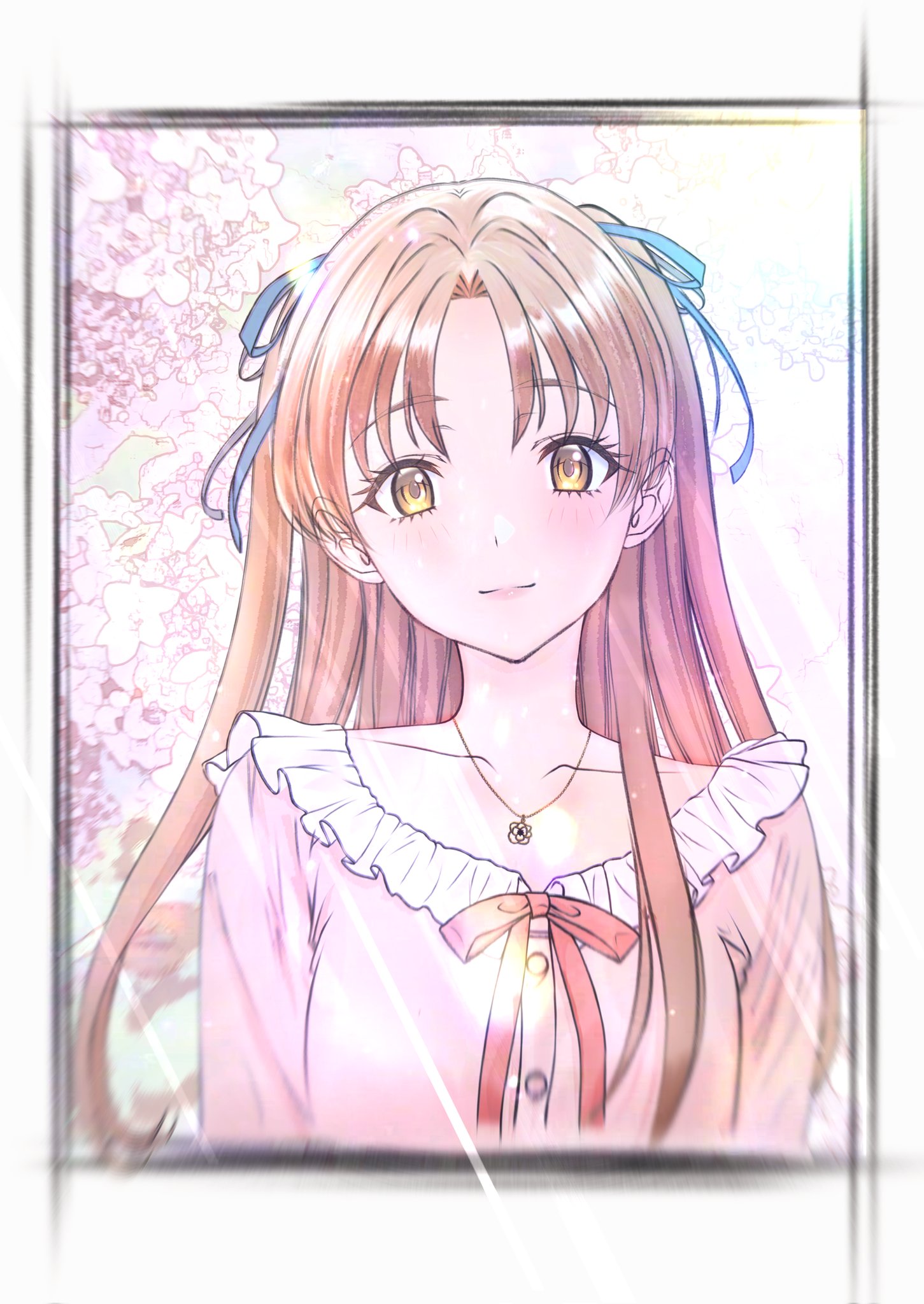 sawatari haruka, sentimental graffiti, commentary request, highres, 1girl, blue ribbon, border, brown hair, buttons, cherry blossoms, closed mouth, collarbone, curtained hair, frills, hair ribbon, jewelry, long hair, looking at viewer, necklace, outdoors, pink shirt, red ribbon, ribbon, shirt, smile, solo, sunlight, tree, two side up, upper body, white border, yasurigake555, yellow eyes