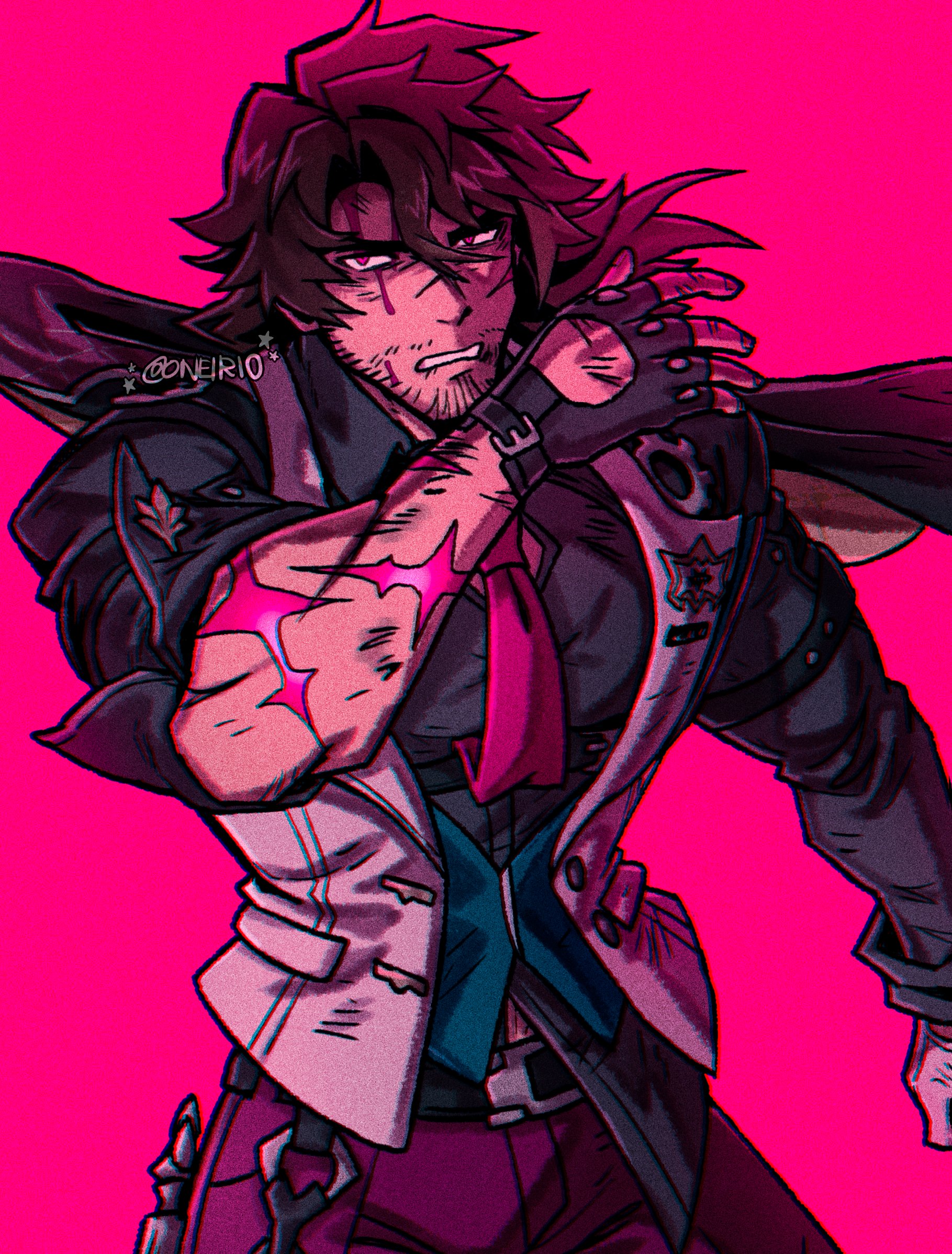 oneirio, gallagher (honkai: star rail), honkai: star rail, honkai (series), commentary, english commentary, highres, 1boy, artist name, bara, beard stubble, black shirt, blood, blood on face, brown hair, clenched teeth, facial hair, fingerless gloves, gloves, grey vest, looking at viewer, male focus, muscular, muscular male, necktie, pants, red background, red necktie, red pants, scar, scar on arm, shirt, stubble, teeth, twitter username, vest