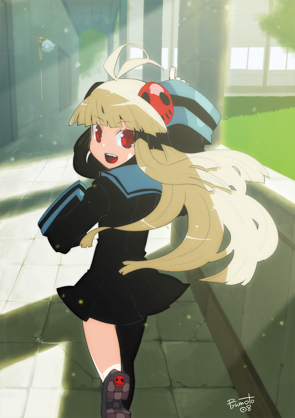hamamoto ryuusuke, original, blonde hair, long hair, red eyes, running, school uniform, serafuku, solo