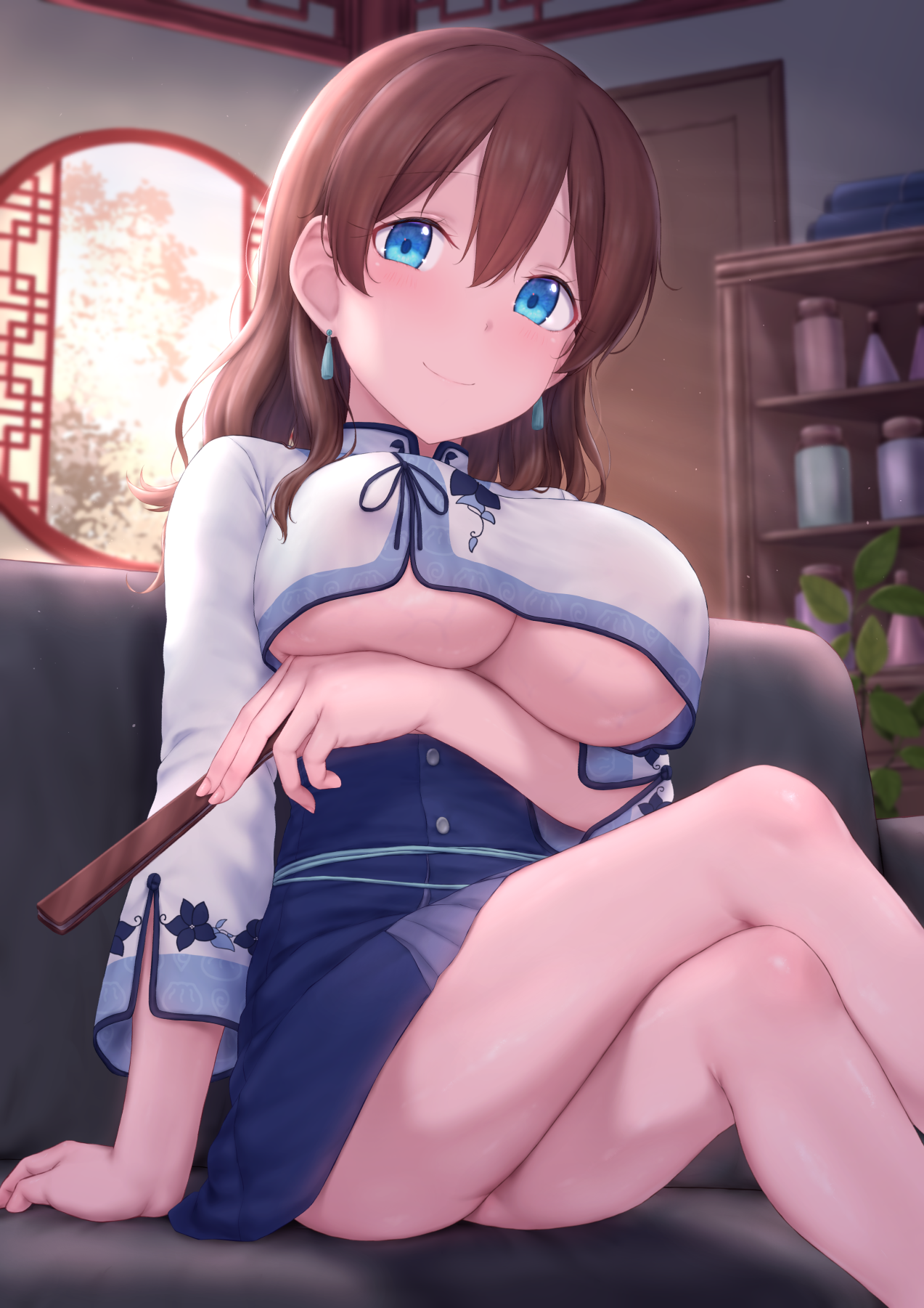 cai geng, satake minako, idolmaster, idolmaster million live!, commentary request, highres, large variant set, variant set, arm under breasts, blue eyes, blue skirt, blush, breasts, brown hair, covered erect nipples, crossed legs, door, hair down, hand fan, holding, holding fan, indoors, jar, large breasts, lattice, long sleeves, looking at viewer, official alternate hairstyle, round window, shelf, shirt, sitting, skirt, thighs, underboob, white shirt, window
