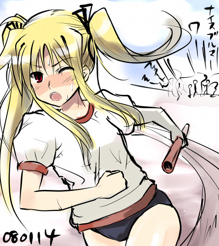 boshinote, fate testarossa, sawachika eri, lyrical nanoha, mahou shoujo lyrical nanoha, school rumble, lowres, translated, 1girl, 2008, blonde hair, cosplay, dated, female focus, gym uniform, long hair, one eye closed, red eyes, relay baton, running, sawachika eri (cosplay), solo, twintails