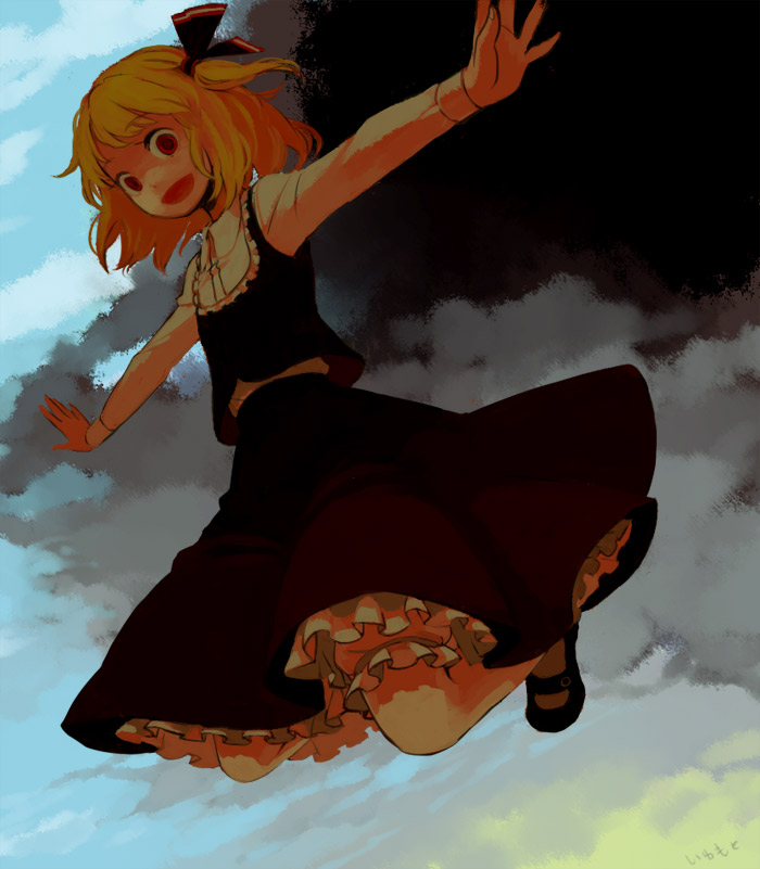 iwamoto zerogo, rumia, embodiment of scarlet devil, touhou, 1girl, blonde hair, bloomers, bow, dress, female focus, frills, hair bow, outdoors, outstretched arms, red eyes, short hair, sky, solo, spread arms, underwear, white bloomers