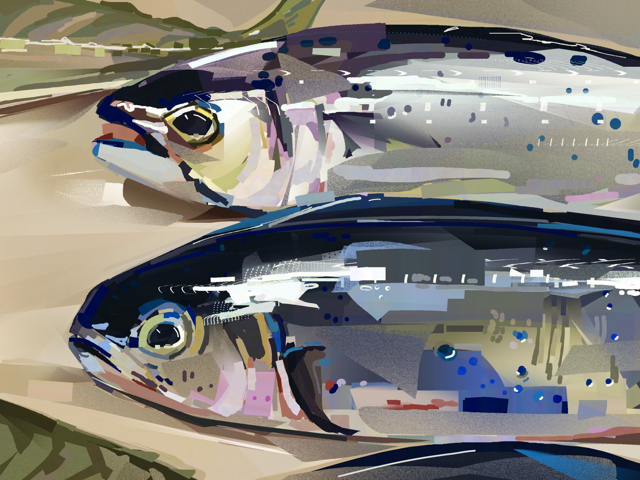 junbuug, original, commentary, english commentary, highres, animal focus, bass (fish), close-up, fish, multiple views, no humans, painterly, sardine