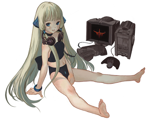 mootan, chii, chobits, lowres, 00s, 1girl, aqua eyes, arm support, barefoot, bike shorts, bikini, black bikini, black theme, bracelet, computer, computer keyboard, feet, female focus, full body, headphones, headphones around neck, jewelry, long hair, robot ears, simple background, sitting, smile, solo, spread legs, swimsuit, very long hair, white background