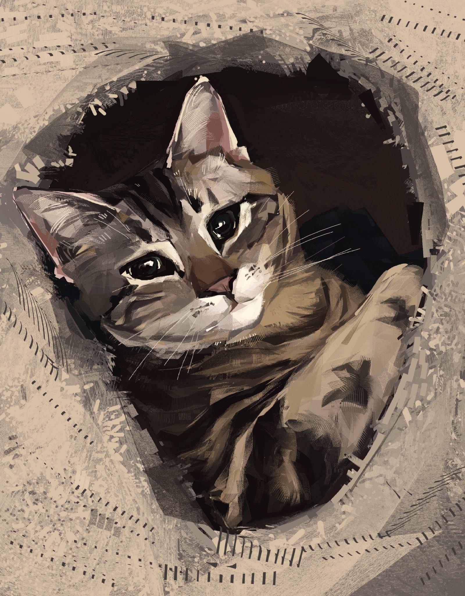 junbuug, original, commentary, english commentary, highres, animal focus, cat, expressionless, looking at viewer, looking back, no humans, painterly, sokoke, upper body
