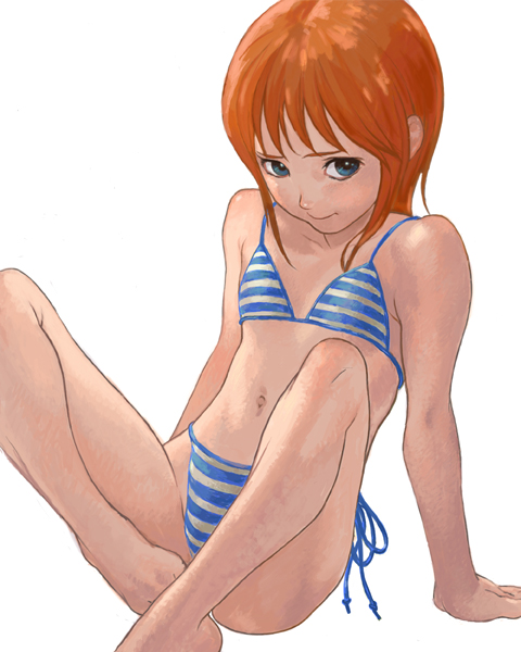 mootan, barefoot, bikini, blue bikini, blue eyes, flat chest, orange hair, red hair, side-tie bikini bottom, simple background, solo, striped bikini, striped clothes, swimsuit