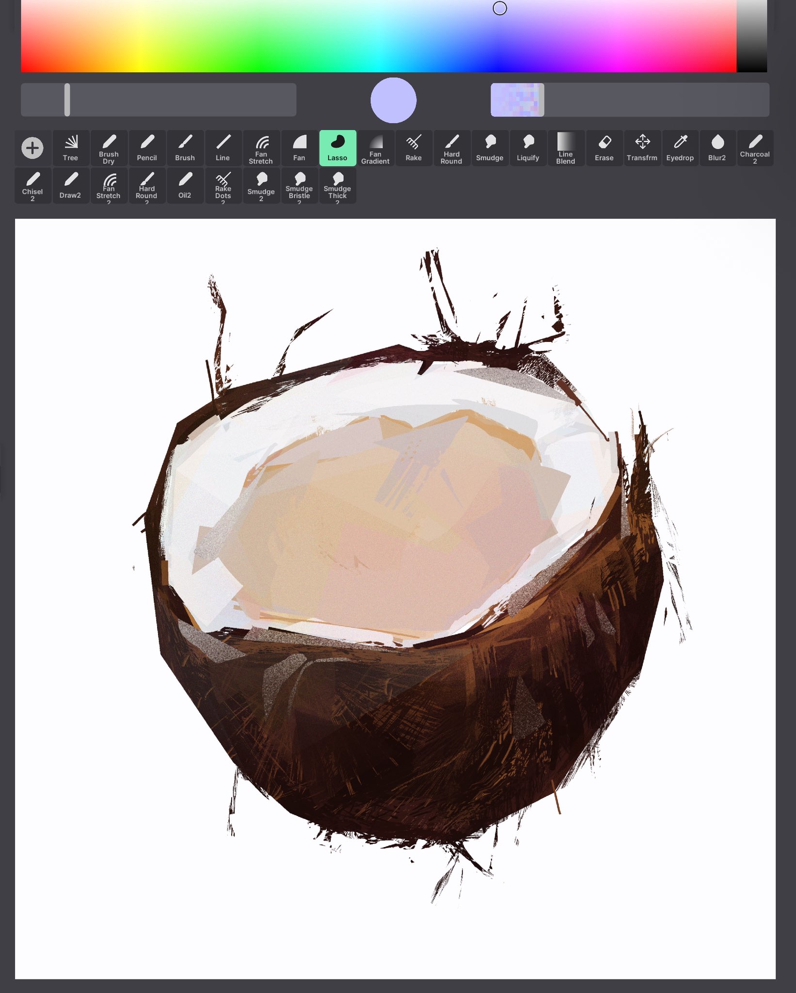 junbuug, original, screencap, commentary, english commentary, highres, art program in frame, bisected, coconut, food focus, no humans, painterly, still life