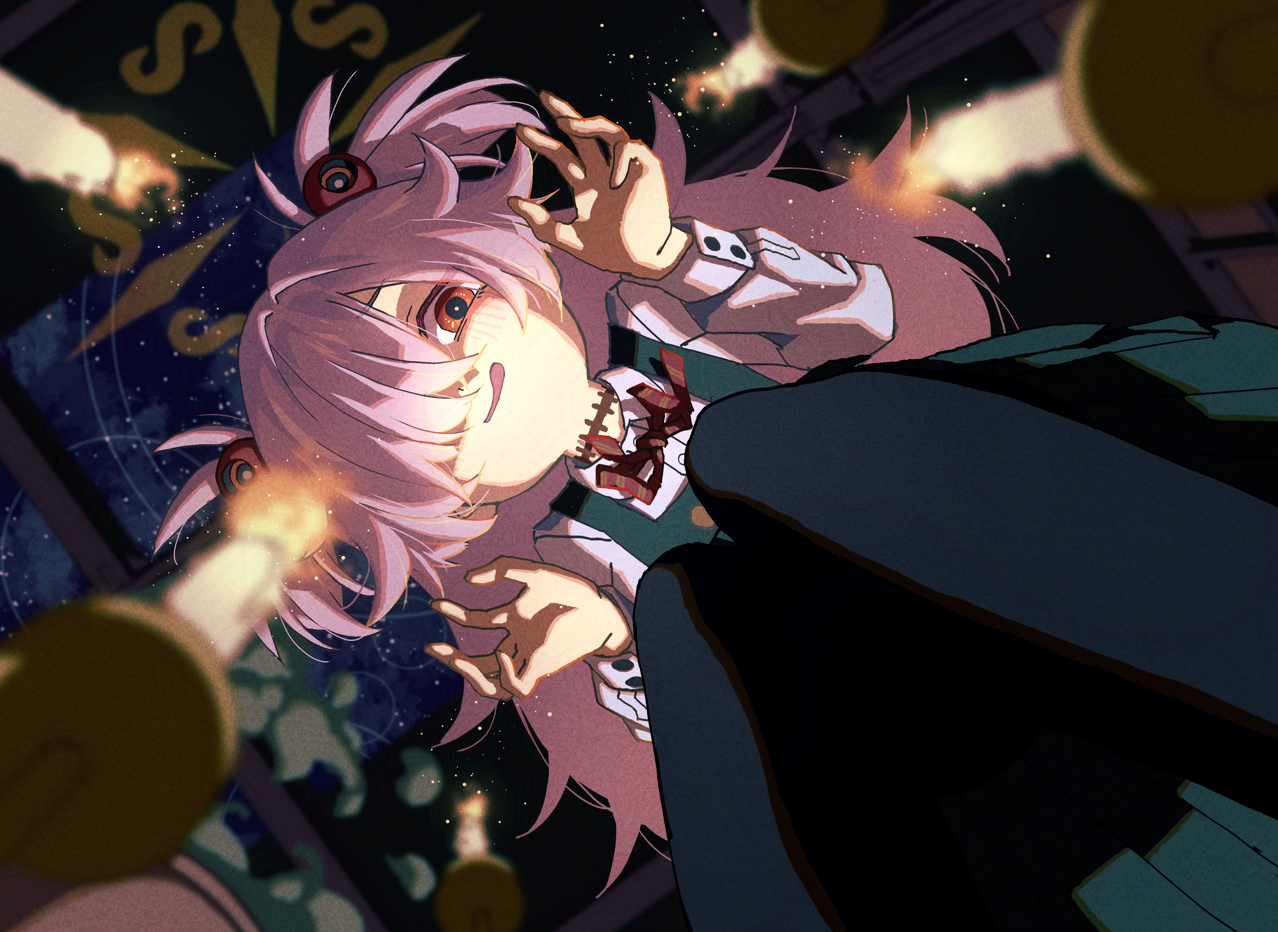 matsumoto yutaka, kanoe (blue archive), blue archive, absurdres, commentary, highres, 1girl, black dress, black pantyhose, blush, bright pupils, buttons, candle, candlestand, cauldron, collared shirt, curled fingers, diagonal-striped ribbon, dress, fire, flat chest, from below, grey hair, hair over one eye, halo, long bangs, long hair, long sleeves, looking at viewer, messy hair, night, night sky, open mouth, orange eyes, orange halo, pantyhose, parted bangs, pinafore dress, puffy long sleeves, puffy sleeves, red ribbon, ribbon, scar, scar on neck, shirt, short twintails, sidelocks, sky, sleeve cuffs, sleeveless, sleeveless dress, smile, smoke, solo, sphere hair ornament, star (sky), starry sky, twintails, very long hair, white shirt