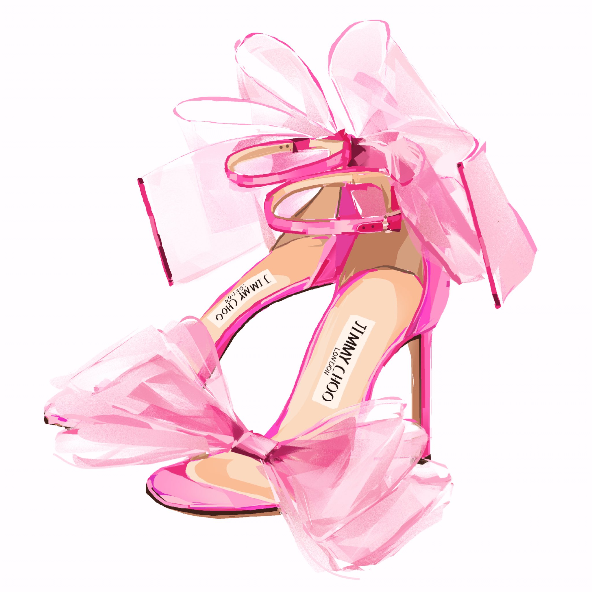 junbuug, original, commentary, commission, english commentary, highres, close-up, english text, high heels, no humans, painterly, pink theme, ribbon, shoes, sticker, still life