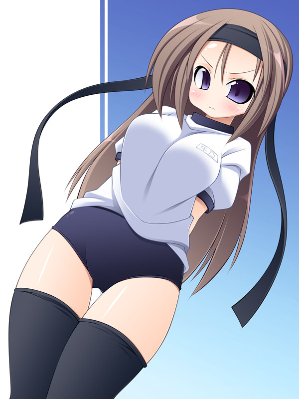 uccow, original, black thighhighs, blush, brown hair, buruma, gym uniform, headband, long hair, school uniform, solo, thighhighs