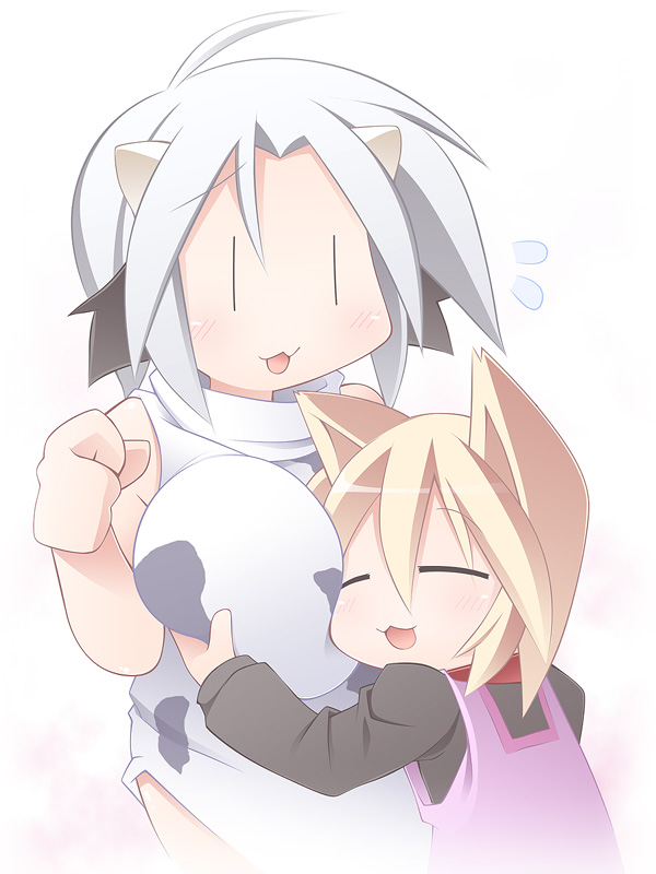 uccow, original, 2girls, animal ears, breasts, cat ears, cat girl, chibi, cow ears, cow girl, female focus, grabbing another's breast, gradient background, groping, huge breasts, multiple girls, white background, | |
