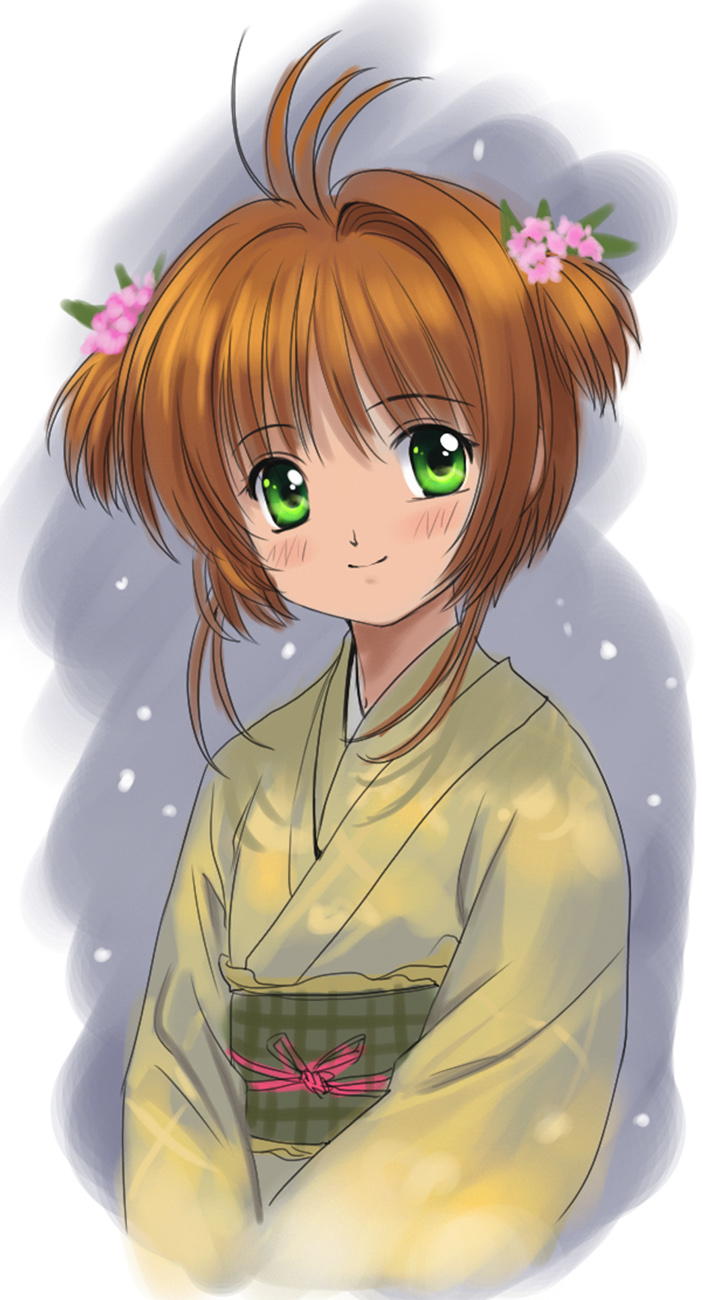 mutsuki (moonknives), kinomoto sakura, cardcaptor sakura, kodansha, highres, 1990s (style), 1girl, blush, brown hair, child, female focus, green eyes, japanese clothes, kimono, looking at viewer, retro artstyle, short hair, smile, solo, yellow kimono, yukata