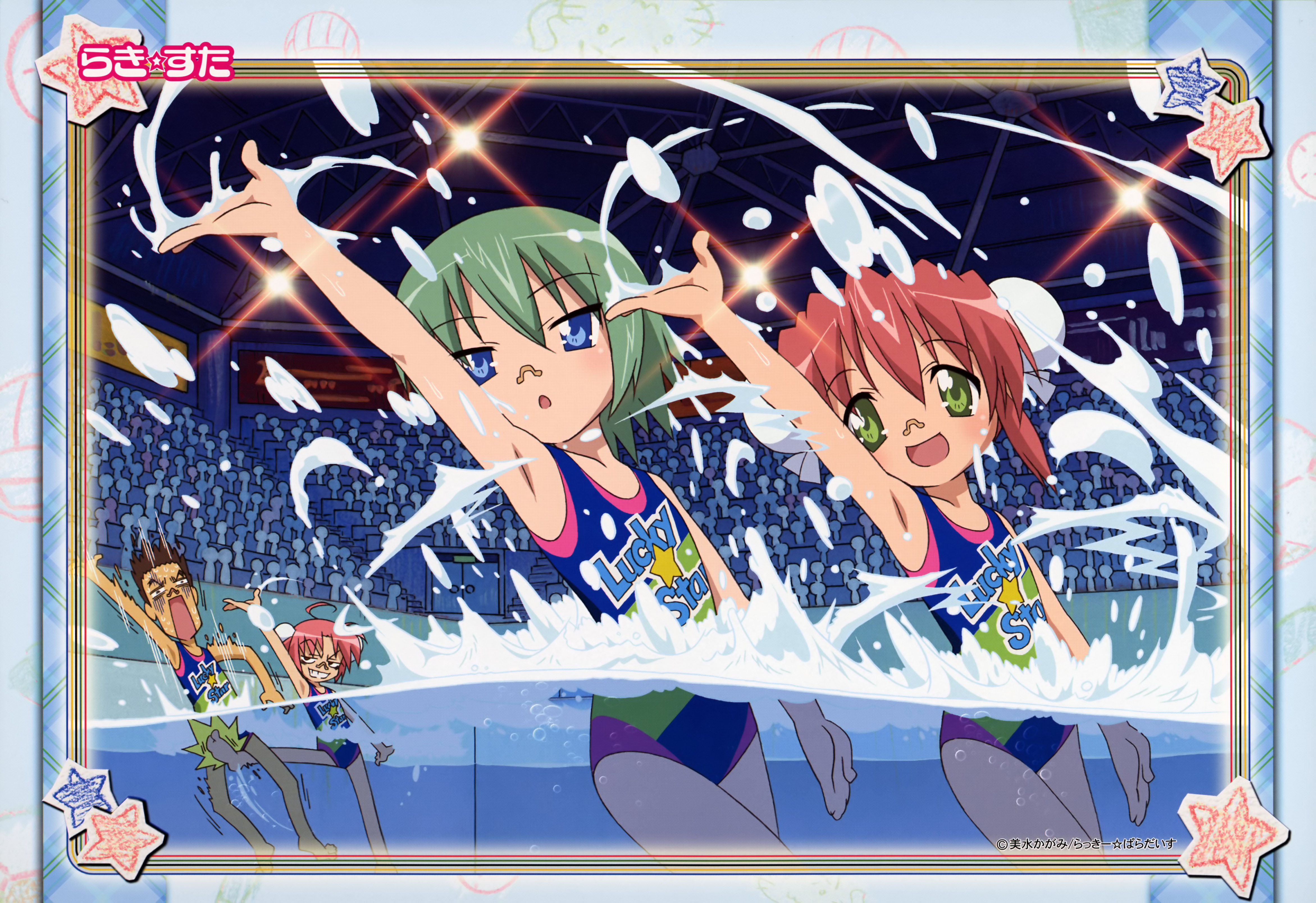 iwasaki minami, kobayakawa yutaka, kogami akira, shiraishi minoru, lucky star, framed, absurdres, highres, non-web source, 00s, 1boy, 3girls, :d, :o, ahoge, arm up, armpits, ball busting, bdsm, blue eyes, border, brown hair, bubble, bun cover, cbt, copyright name, crotch kick, double bun, evil grin, evil smile, green eyes, green hair, grin, hair bun, indoors, kicking, lens flare, logo, multiple girls, one-piece swimsuit, open mouth, outstretched arm, pain, pink hair, pool, short hair, smile, splashing, stadium, star (symbol), swimming, swimsuit, synchronized swimming, underwater, violence