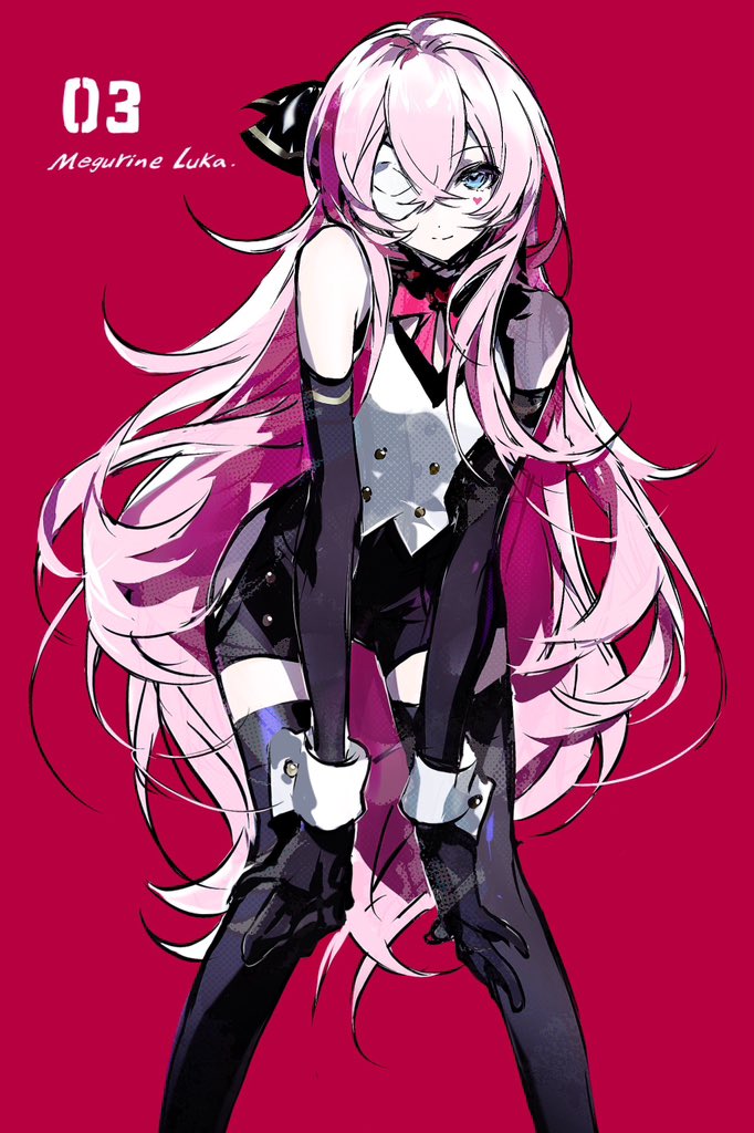 hanaseto, megurine luka, megurine luka (temptation), project diva (series), vocaloid, bad id, bad twitter id, commentary, 1girl, bandage over one eye, bare shoulders, bow, bowtie, detached sleeves, dress, elbow gloves, facial tattoo, gloves, hair ribbon, heart, light smile, long hair, looking at viewer, pink hair, ribbon, simple background, smile, solo, tattoo, upper body, very long hair, white background, white dress